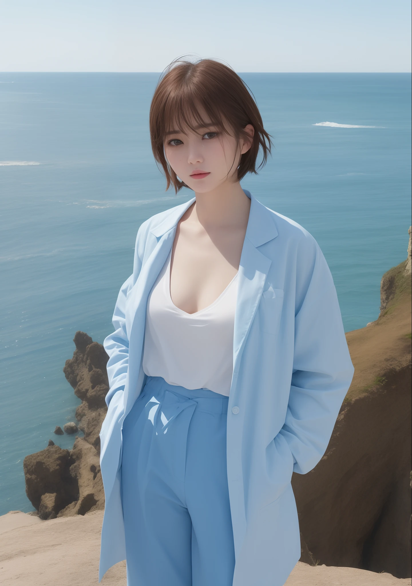 top-quality、Beautiful woman in medical lab coat、Wearing a light blue shirt under a lab coat,Put your right hand in the pocket of your lab coat、Raking hair with your left hand、Light blue medical long pants、short-hair、Brown hair、a small face、a 、A slender、Colossal tits、Colossal tits、Breasts are too big and come out of the shirt,、strong emphasis on the chest、、Stand on a cliff with the sea in the background、crying how bright、Sad eyes、look up sky、Sea view、Facing the side、Hair fluttering in the wind、
