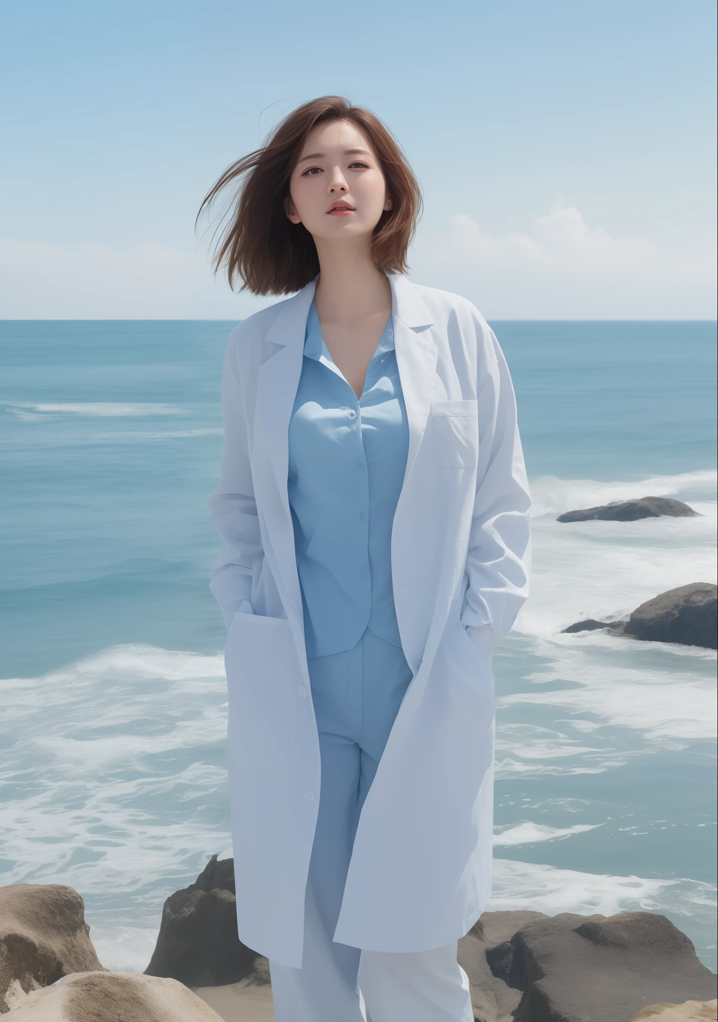 top-quality、Beautiful woman in medical lab coat、Wearing a light blue shirt under a lab coat,Put your right hand in the pocket of your lab coat、Raking hair with your left hand、Light blue medical long pants、short-hair、Brown hair、a small face、a baby face、A slender、Colossal tits、Colossal tits、Breasts are too big and come out of the shirt,、strong emphasis on the chest、、Stand on a cliff with the sea in the background、crying how bright、Sad eyes、look up sky、Sea view、Facing the side、Hair fluttering in the wind、