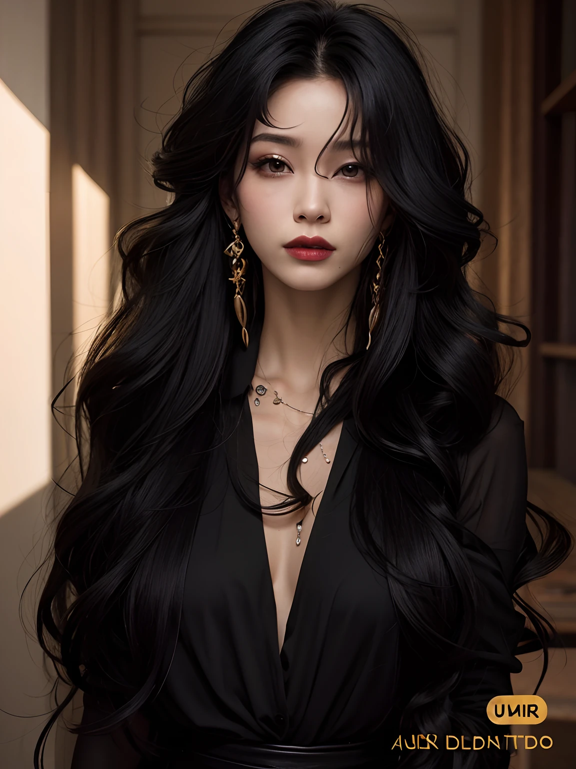 um close up de uma mulher com longos cabelos pretos usando um vestido preto, cruel korean goth girl, ondulado longo - comprimento cabelo preto, cabelos pretos longos ondulados, com longos cabelos cacheados, longos cabelos negros ondulados, preto longo cabelo encaracolado longo, com longos cabelos pretos, longos cabelos negros encaracolados, cabelos ondulados escuros vibrantes, long flowing black hair, longos cabelos andolados pretos