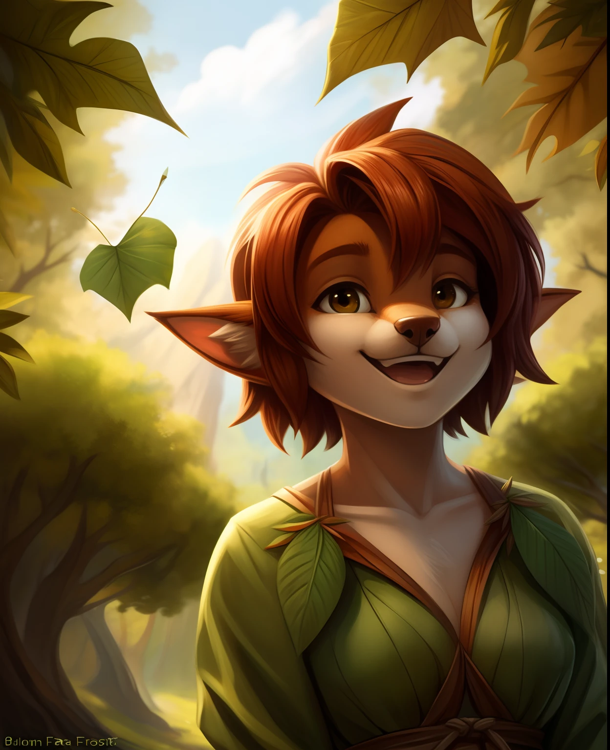 by kenket, by totesfleisch8, (by thebigslick, by silverfox5213:0.8), (by syuro:0.2), elora furry, detailed and extremely fluffy body fur, fluff, masterpiece, looking up beautiful surroundings, detailed background, happy, leaf-dress, (uploaded on e621,8k, RAW photo, high resolution,high quality), ((masterpiece)), female, (wear shirt and bottomless), (front view), (cinematic lighting), backlighting, (shaded), detailed background, by dagasi, (by personalami), [by Ruan Jia], photorealistic, hyperrealistic,