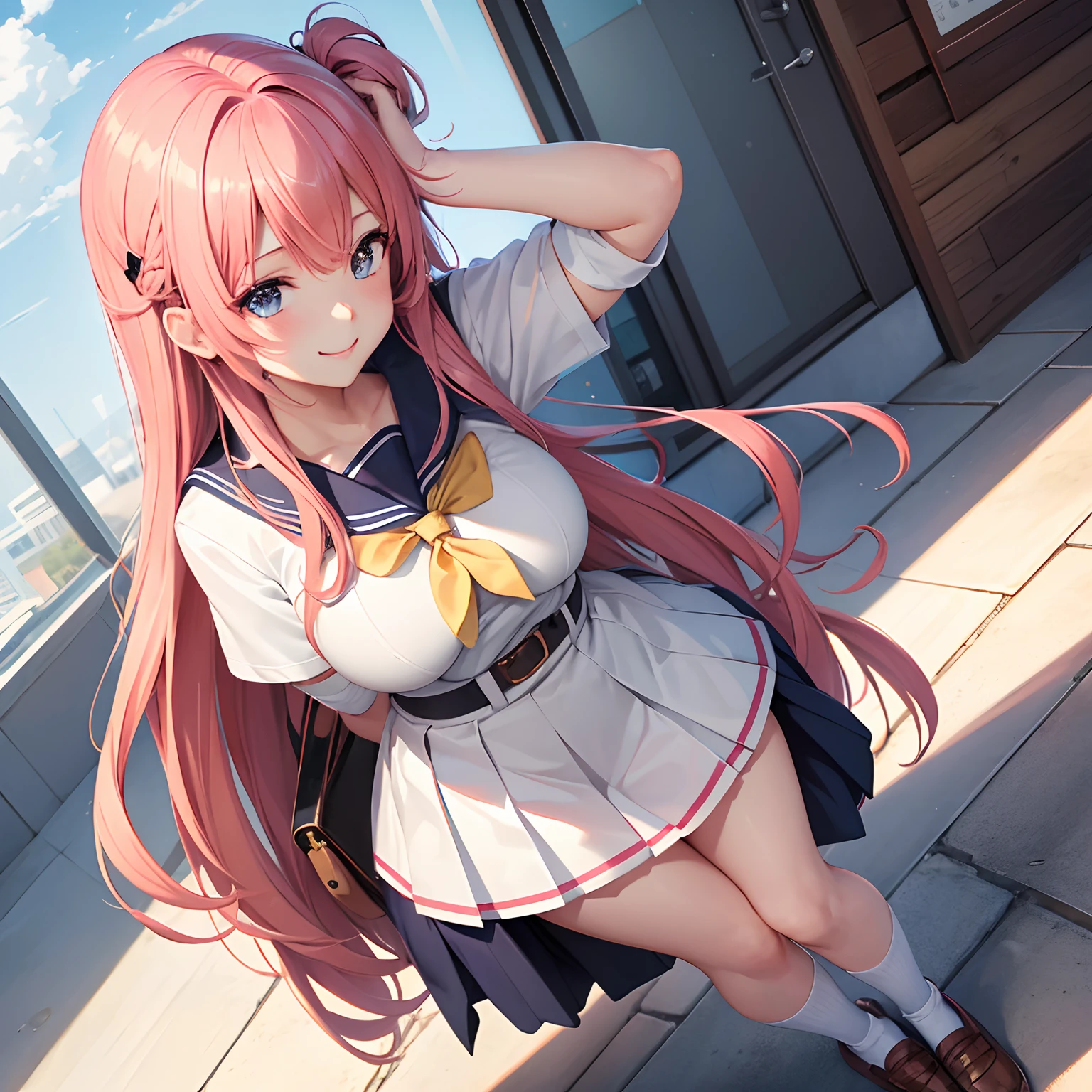 a beauty girl，cute school uniform，A smile，harems，Multiple Girls，girl，anime a girl，top-quality，Colossal tits，​masterpiece，Excellent style，Erotic Cute，超A high resolution，beautiful a girl，Lovely girl，multicolored hair，Loose socks，