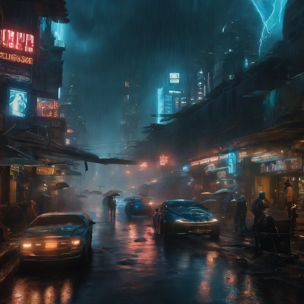 mundo cyberpunk，futuristico, apocalipse, chuva, melancolico, tons de azul, mundo destruido e tecnologico