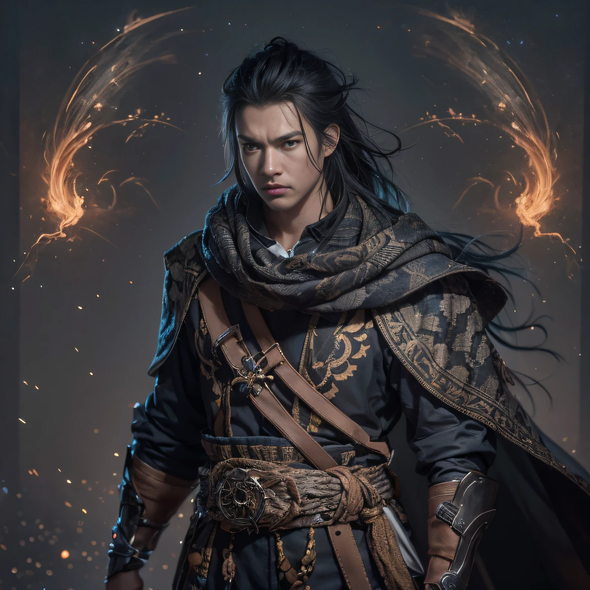 Full Body Male Mage 32K（tmasterpiece，k hd，hyper HD，32K）Long flowing black hair，Camping site area，zydink， a color， patriot （废墟）， （Linen batik scarf）， Angry fighting stance， looking at the ground， Batik linen bandana， Chinese python pattern long-sleeved garment， （Abstract propylene splash：1.2）， Dark clouds lightning background，Flour flies（realisticlying：1.4），Black color hair，Flour fluttering，Background fog， A high resolution， the detail， RAW photogr， Sharp Re， Nikon D850 Film Stock Photo by Jefferies Lee 4 Kodak Portra 400 Camera F1.6 shots, Rich colors, ultra-realistic vivid textures, Dramatic lighting, Unreal Engine Art Station Trend, cinestir 800，Flowing black hair,（（（Male mage））），The male mage was furious，