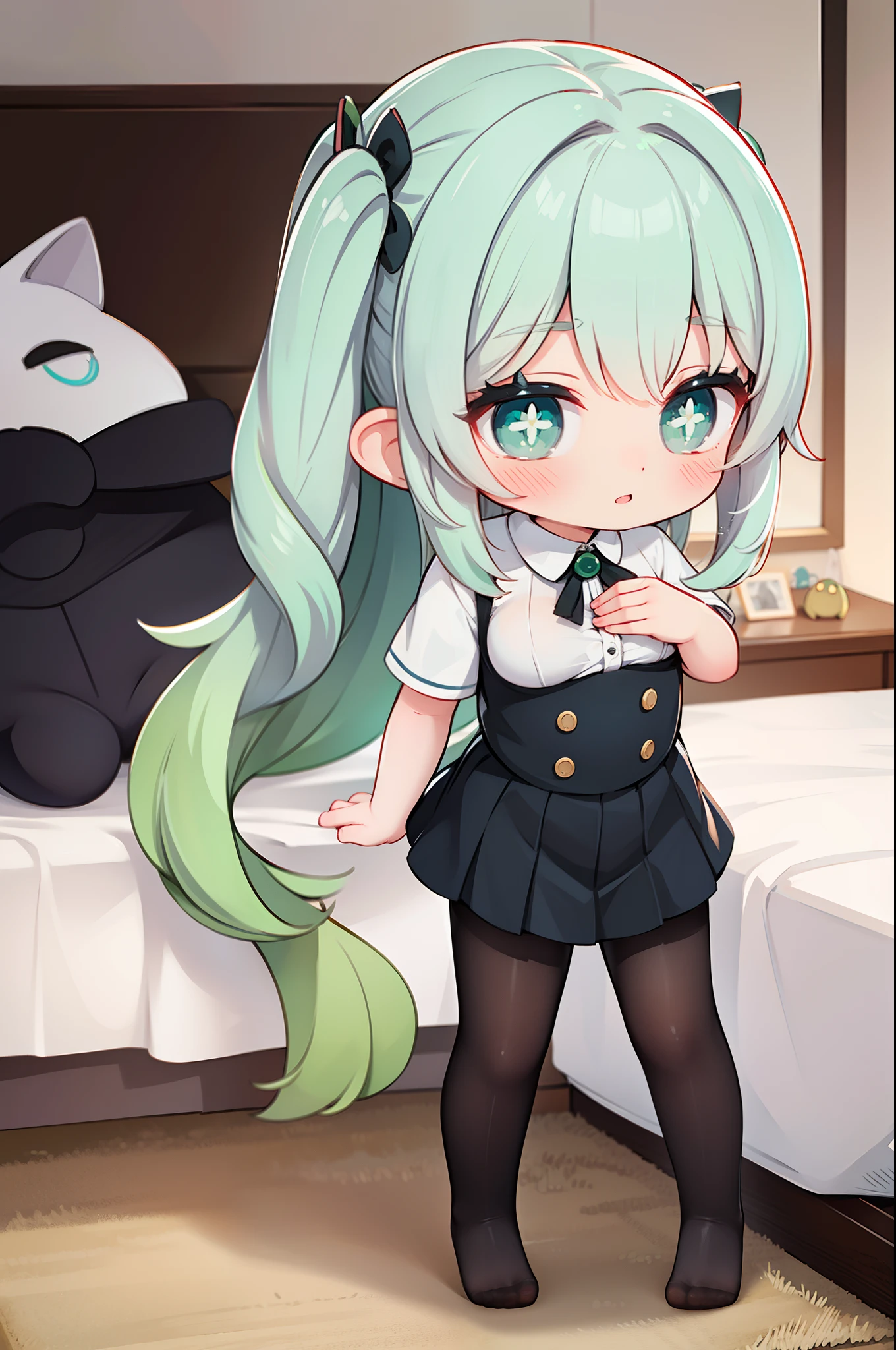Lori huge breasts cleavage，（（（Small anthropomorphism））），One girl，Secretarial outfit，Work uniforms，Suit suit，tee shirt，Superskirt，lacepantyhose，Cute Baby Turtle、Long、Wavy hair、tmasterpiece、Top image quality、top-quality、Green hair，dual horsetail、Very long hair，White knee-length socks，posing in bed，over knee socks