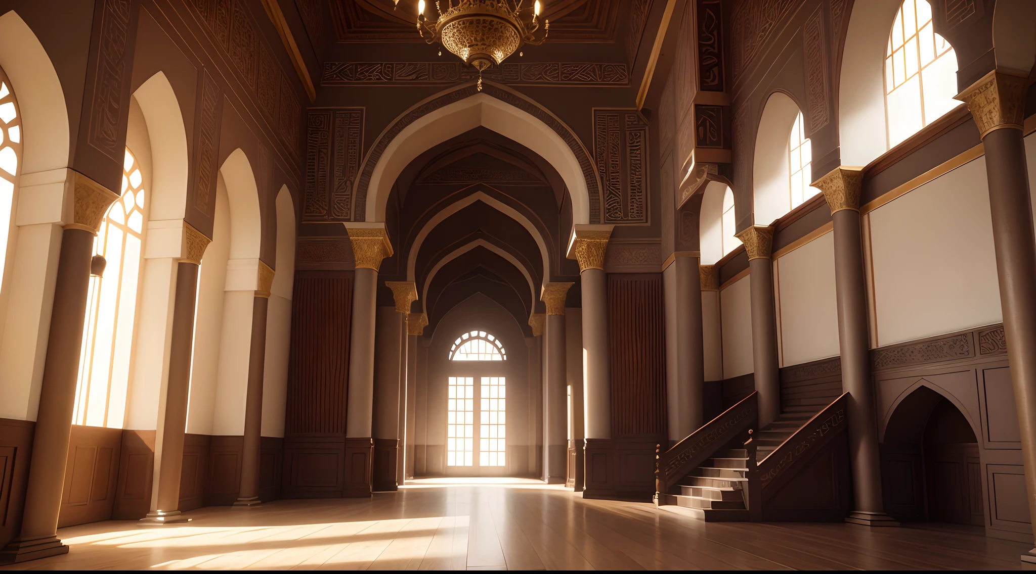 interior view of a mansion in 16th century Arabia, either Basra or Ormuz, very luxurious, building structure like a harem or mosque, building structure with elements of a turkish harem or mosque, orientalism, inside a mansion, interior, rich, grand, stairs, Muslim style, Islamic, elegant, House of Vizier, House of Emir, 16th century, medieval, no people, no word, no wordings, no signature