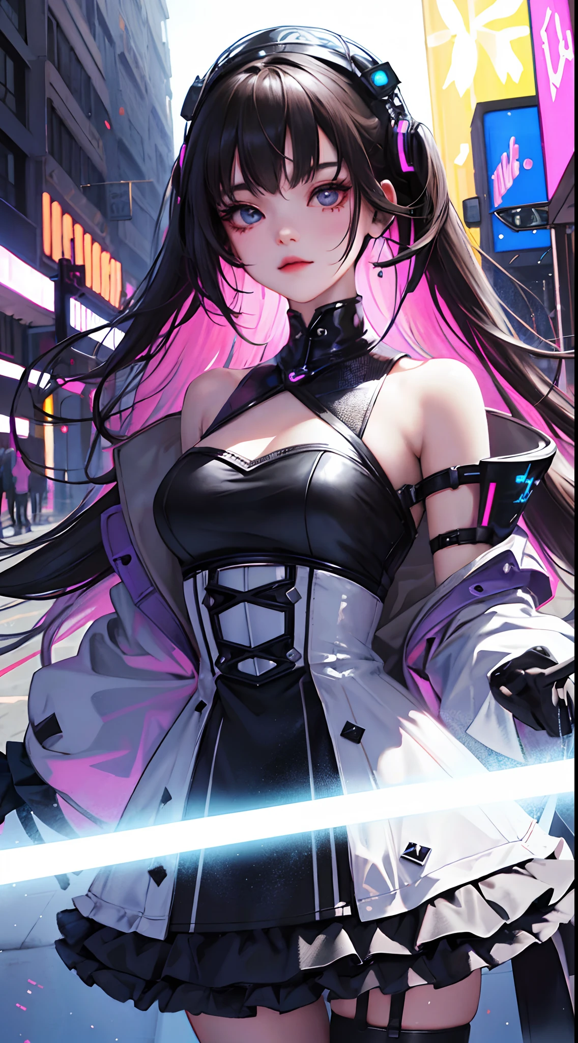 one-girl,Wear a ta dress,cyber punk perssonage,holographic projections,The city of the future,afofuturism,best qualtiy,super detailing,Good atmosphere,delicated,cg render,detail render,(Delicate facial portrayal)(Fine hair portrayal)(highest quality)(Master masterpieces)(High degree of completion)(a sense of atmosphere)8k wallpaper,tmasterpiece,ultra - detailed