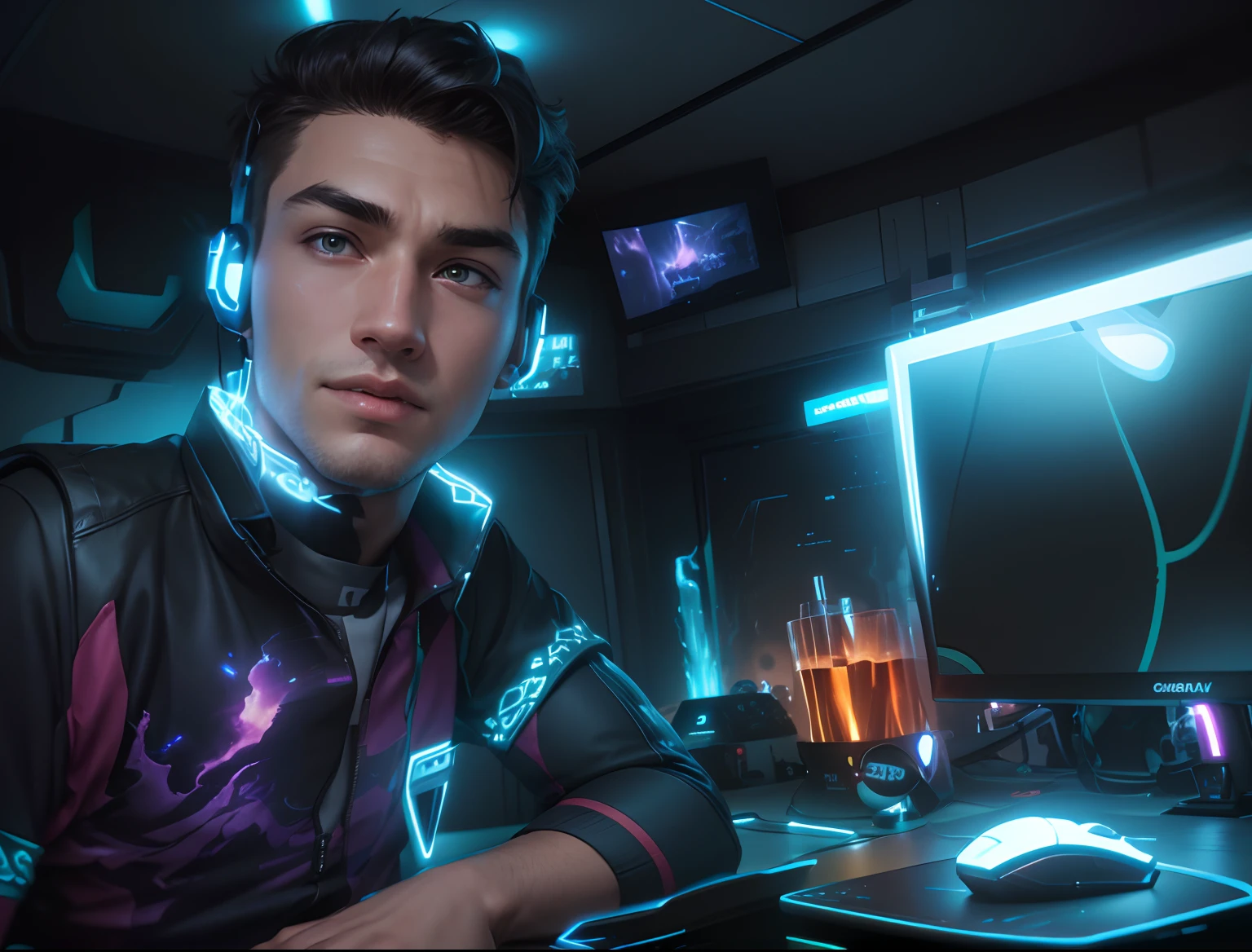 (best quality,8k,realistic face),handsome boy,gamer style,background change,illustration,ultra-detailed,sharp focus,vivid colors,studio lighting,warm color tones,soft lighting,video game controller,headphones,keyboard,computer monitor,game character,game icons,mouse cursor,motion blur,glowing effects,electricity effects,reflection,neon lights,galaxy backdrop,dynamic composition,motion lines,action pose,concentrated expression,playing a fast-paced game,hair blowing in the wind,particle effects,explosions,energy beams,immersive gaming experience,excitement and intensity,authentic gaming setup,comfortable gaming chair,smartphone with gaming apps,background music,unique gaming atmosphere,professional gaming career,victory celebration.