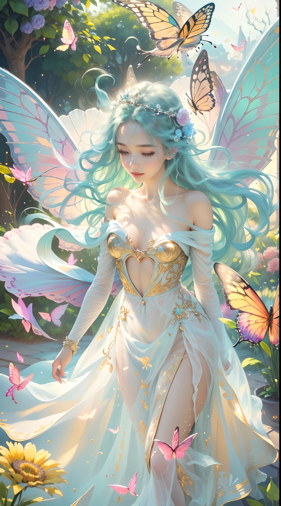 1girll, (full bodyesbian),aqua hair, Beautiful detailed eyes,Long eyelashes,Long hair,station,Rose garden,Happy expression,Colorful flowers,Soft sunlight,Butterflies dancing,Fairy wings,floating dress,Sparkling tiara,painting-like,Ethereal atmosphere,Vibrant colors,Golden hour lighting,Tranquil background,magical ambiance,Light and light strokes,Dreamy and whimsical,Classy and Elegant,Peaceful and charming,Harmonious composition,Sophisticated and charming,Positive radiation,Endlessly fascinating,Surreal and charming,Storybook-style,fantasy inspired,Mysterious and ethereal,vividly realistic,vibrant with colors,painting coming to life,Totally mesmerizing and fascinating,Simply breathtaking.(Best quality,4K,8K,A high resolution,Masterpiece:1.2),Ultra-detailed,(Realistic,Photorealistic,photo-realistic:1.37),