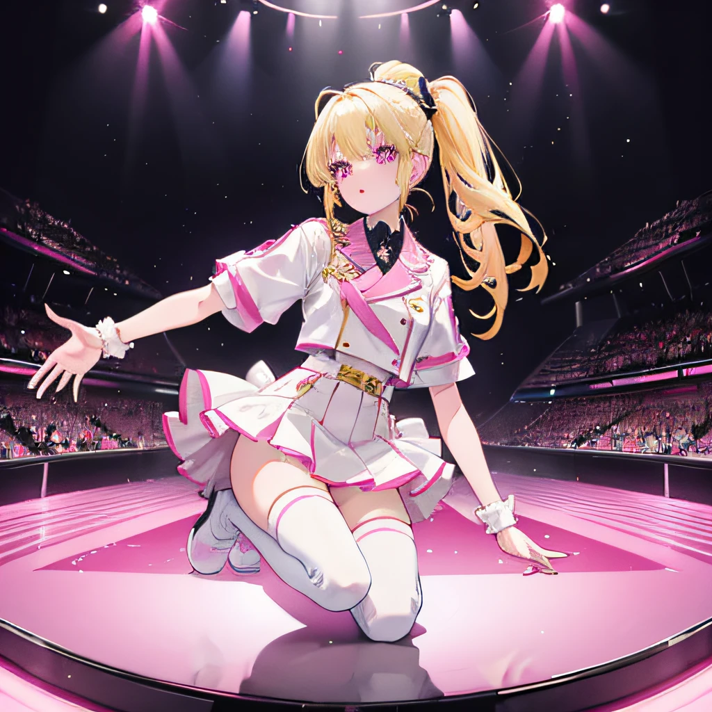 Light yellow hair，Double ponytail hairstyle，Pink eyes，Pink pupils，s girl，idol clothe the singing suit，White silk knee socks，Background stage，Performance stage background