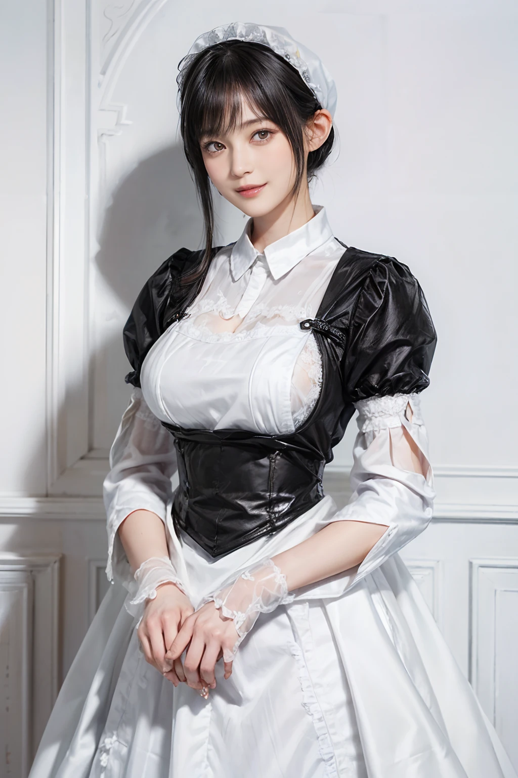 01
(Black shorthair cat:1.3), (A 20-year-old female), (Surrealism), (masterpiece), (8 Kurds), Beautiful woman, a smile, (Wearing a white maid outfit:1.3), Chest, Standing in a Maid Cafe
