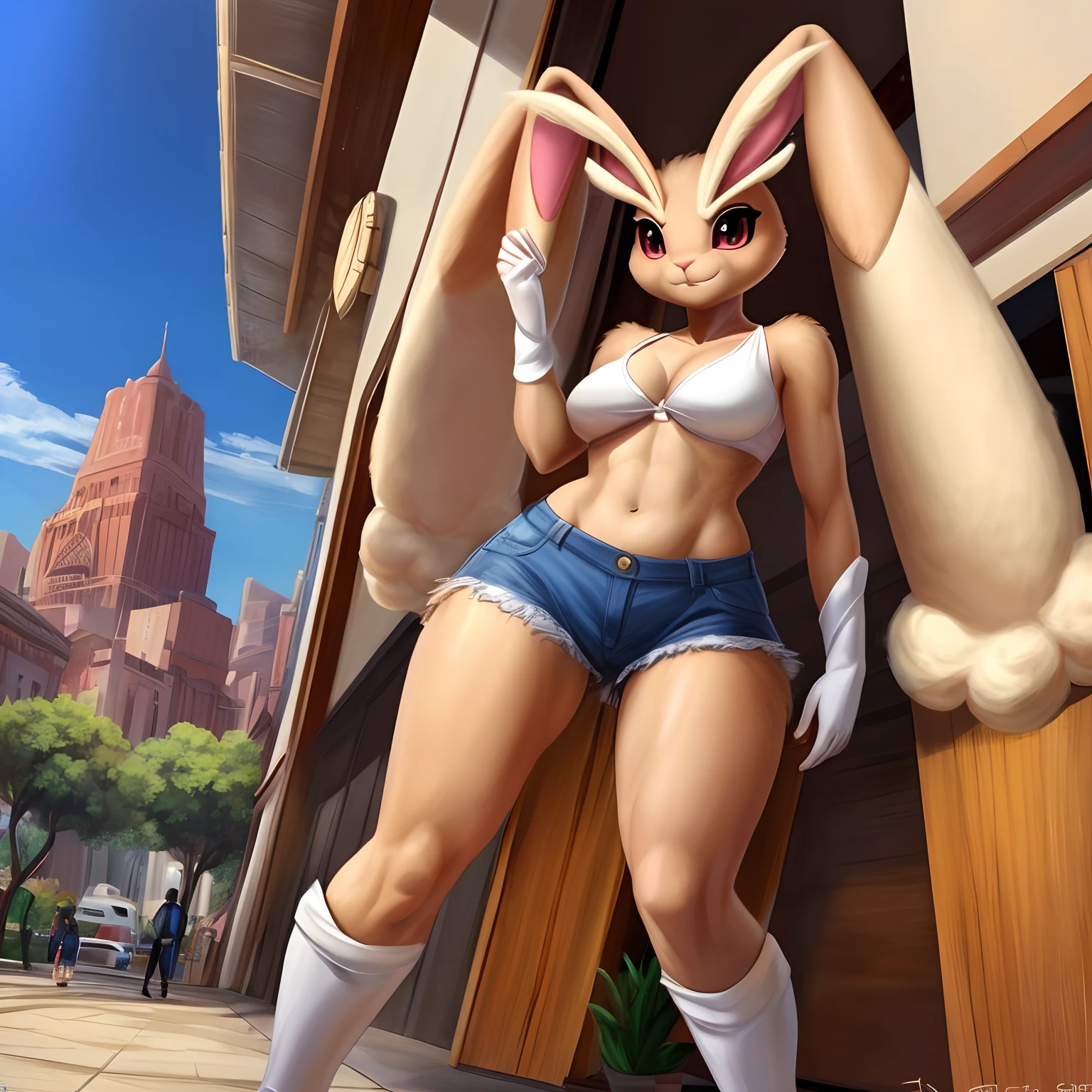 (Arte peludo, Cargado en E621:1.4), (Obra maestra:1.3), (La mejor calidad:1.2),(2d:1.0), (anime:1.0), (illustration:1.0), (afilado:1.2), (Claro, brillante:0.8), (masa:1.1), (Ultra detallado:1.0) (1girl, solamente), lopunny Anthro furry:1.6, (Anthro_hembra_ lopunny:1.2), sexy,(cintura delgada), muslos gruesos, caderas anchas, Muslos, Sujetador deportivo, jorts, Encorvado, en la ciudad, haciendo una cara traviesa