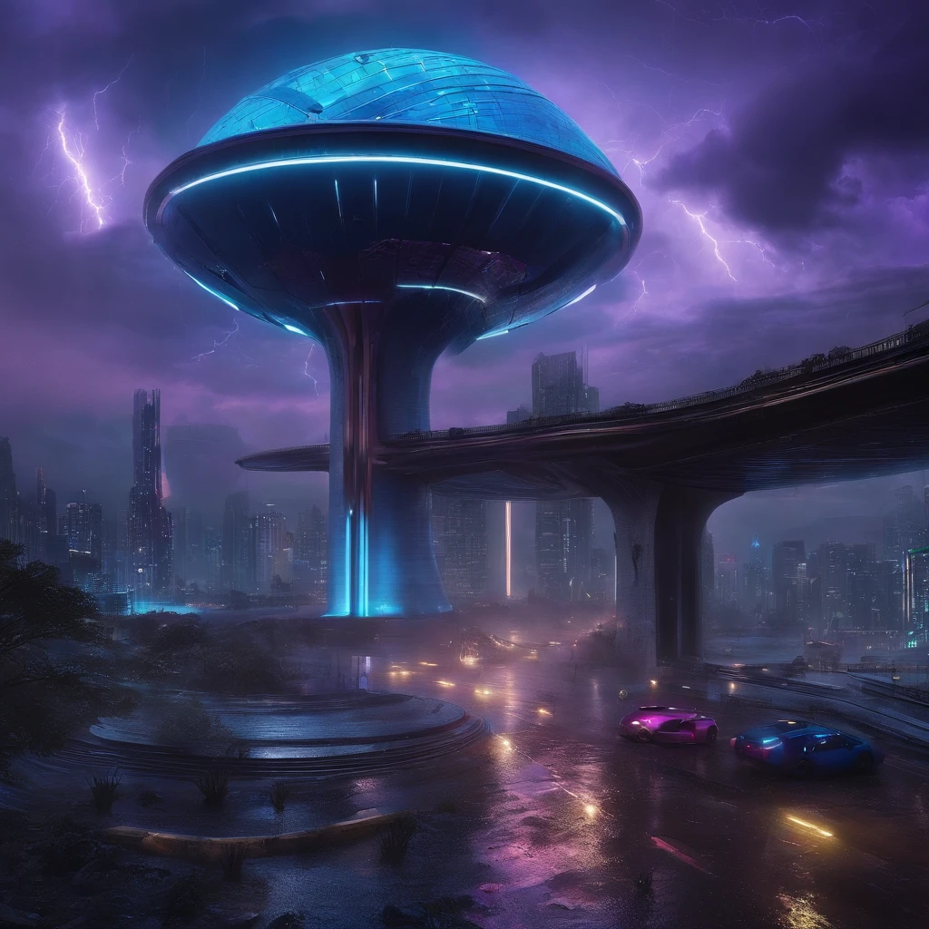 mundo cyberpunk，futuristico, apocalipse, chuva, melancolico, tons de azul e roxo, mundo destruido e tecnologico, predios