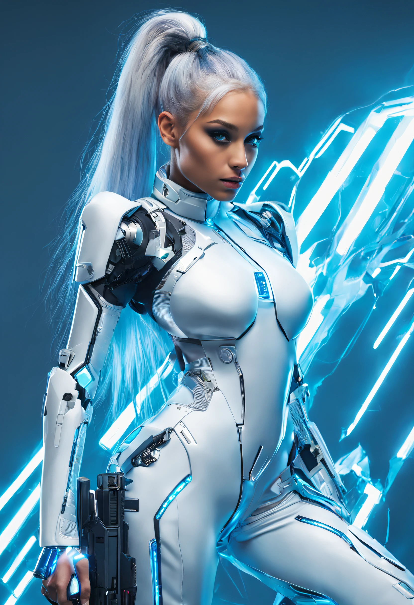 Full body cyber girl with a ponytail. Ariana Grande's face. Bright white color to show she's a cyber girl whit laser rifle. white eyebrows. clothing like catsuit. She also has bright blue eyes. The environment is terminator like. Hair is platina. She is lit with the bright blue color on one side of her face. Led like. And both hands have the led light too.