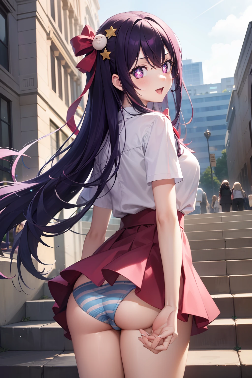 Ai Hoshino, Ai Hoshino, hair between eye, Hair Ornament, Hair Ribbon, Long hair, One side up, (Purple eyes:1.1), Purple hair, rabbit hair ornament, (star-shaped pupils:1.5), symbol-shaped pupils,Brake belt, Black belt, brooches, Dress, Pink dress, frilly dress, Ruffled gloves, frilld, gloves, heart brooch, Idol, Idol clothes, Jewelry, Pink gloves, Red Ribbon, bow ribbon, turtleneck dress,BREAK looking at viewer,BREAK (masutepiece:1.2), Best Quality, High resolution, Unity 8k壁纸, (Illustration:0.8), (Beautiful detailed eyes:1.6), extra detailed face, Perfect Lighting, extremely details CG, (Perfect hands, Perfect Anatomy),Smile with open mouth、outside of house、plein air、Stand on the escalator, (By up escalator), (lower body shot), Thigh Focus, (Taken from the bottom 1.3), (View from behind1.3)、 (Blue stripes々Panties:1.3)、(Skirt that rolls up:1.3)、(Fully exposed panties:1.5),