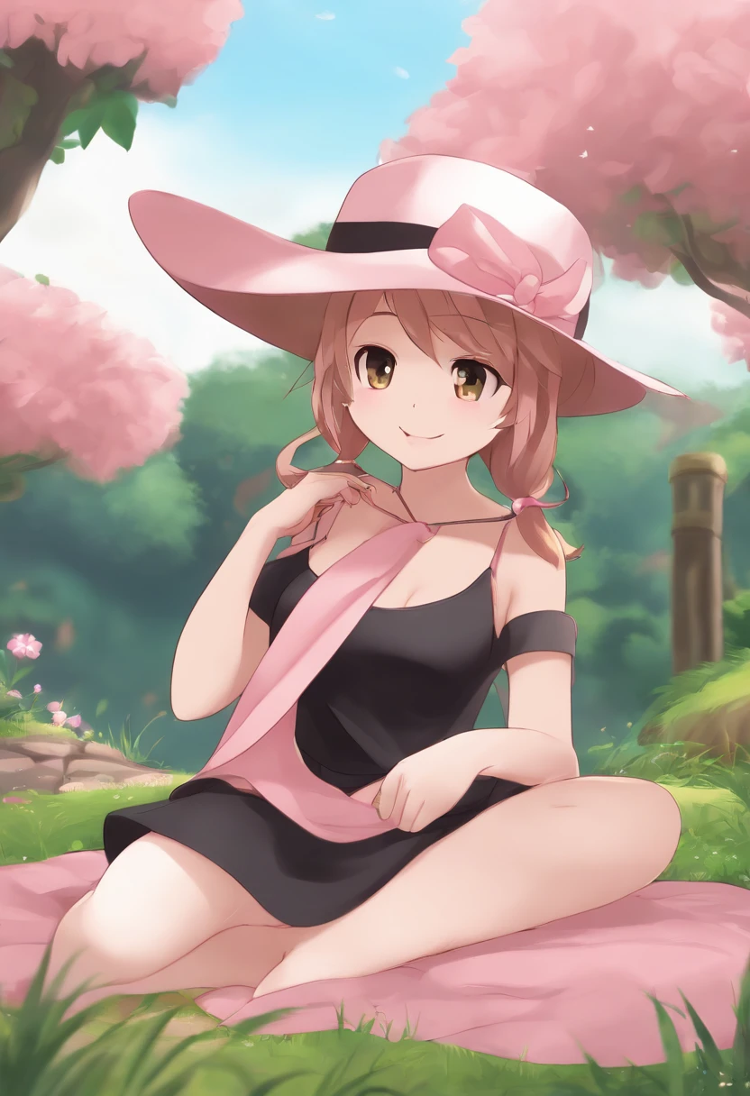 masterpiece, best quality, highres, 1girl, solo, dawn (pokemon), pink scarf, black shirt, pink skirt, hat, outdoors, bare shoulders, smile, (looking down at feet), blushing, (flip-flops), (foot focus), five toes, sitting down, hugging knees, hugging legs, sitting down on grass,