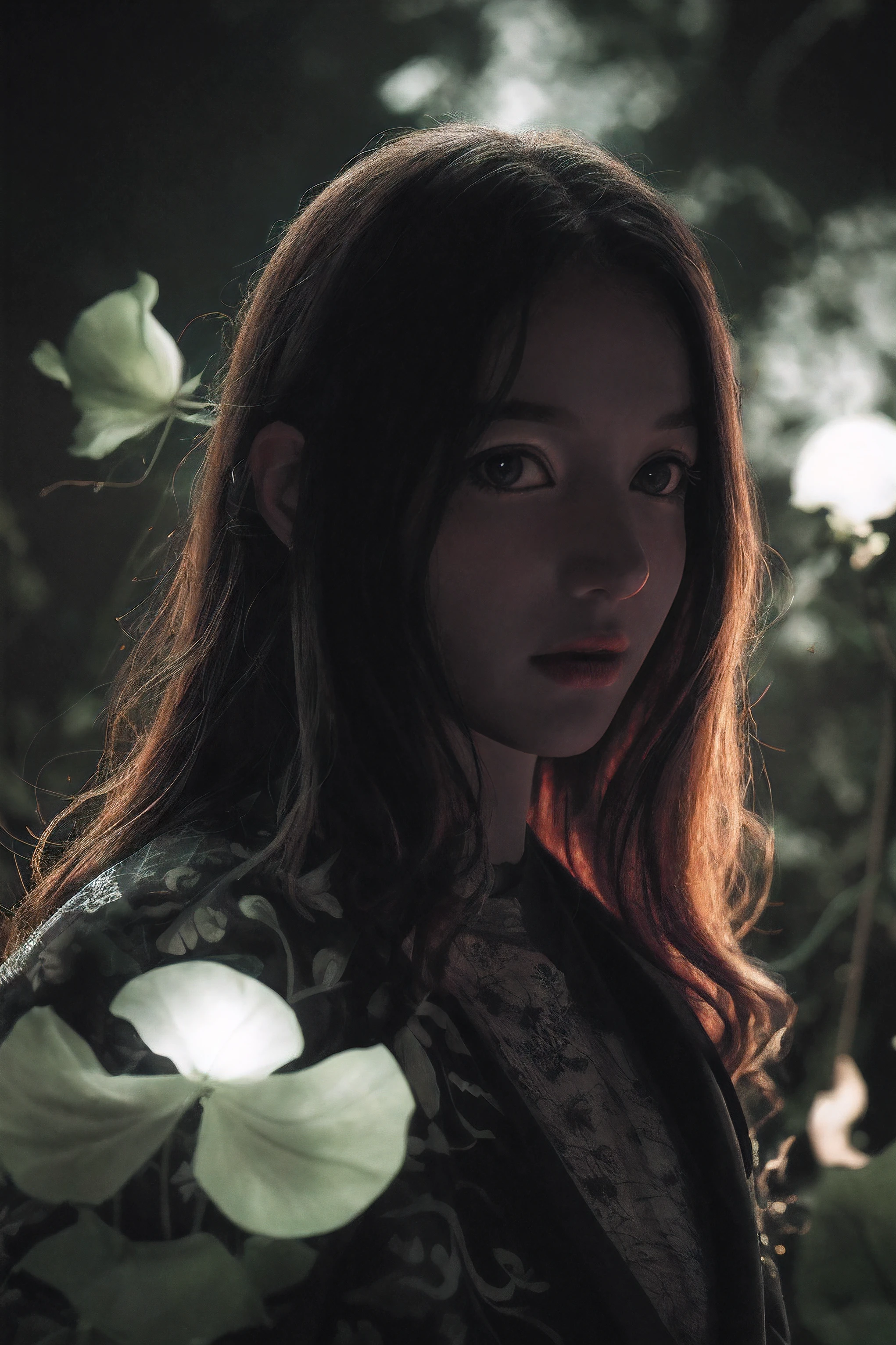 Raw, cinematic shot, (sharp focus:1.5), (photorealistic:1.4), twilight lighting, volumetric lighting, ultra high res, 16K,dramatic lighting, abstract backgrounds:1.5)(zentangle,datura,Tangles,entangled:0.7)Kitsune witch,kitsune mask,Haori jacket, foxfire spell, fox family, transformation, depth of field, Fantastical Atmosphere, The most beautiful form of chaos, ellegance, Dark theme of Fauvist design, Flower of Death, Flowers of ecstasy