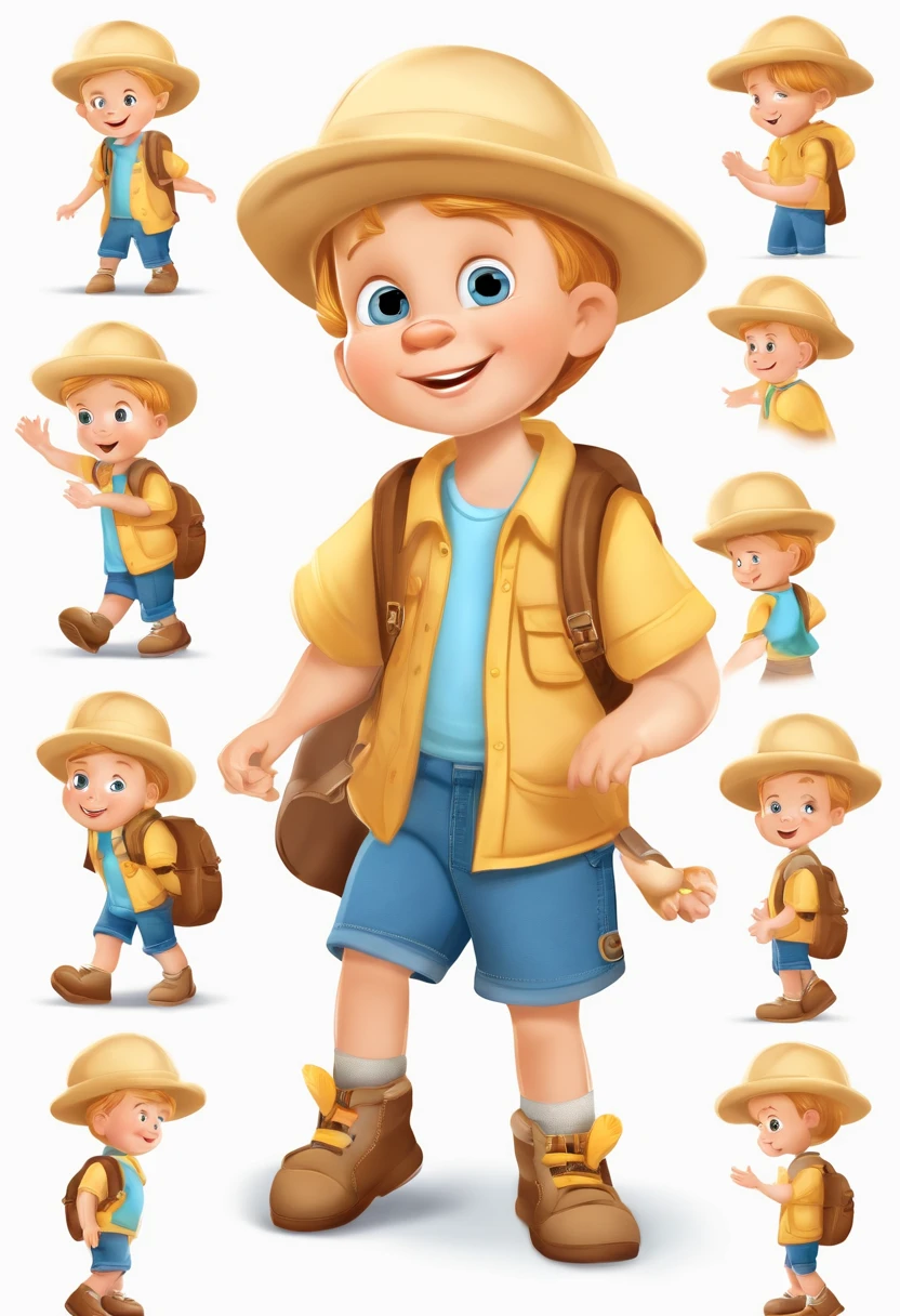 the little explorer, various poses and expressions on white background, children's book illustration style, simple, cute, , colors, short blond hair, plain color, blue short-sleeved shirt, denim shorts without belt, without hat, without book, no glasses, no backpack