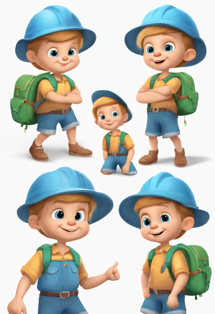 the little explorer, various poses and expressions on white background, children's book illustration style, simple, cute, 6 , colors, short blond hair, plain color, blue short-sleeved shirt, denim shorts without belt, without hat, without book, no glasses, no backpack