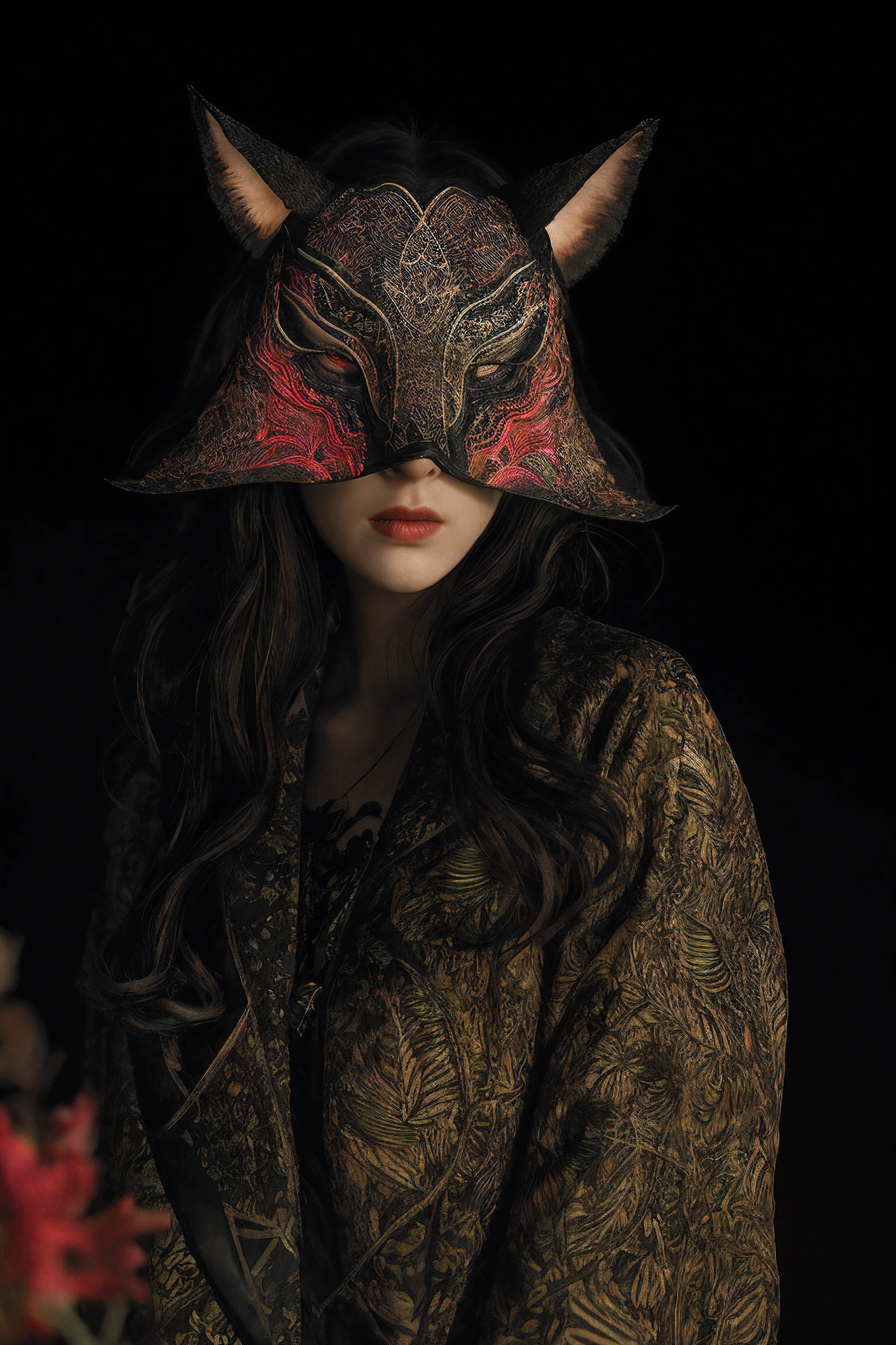 Raw, cinematic shot, (sharp focus:1.5), (photorealistic:1.4), twilight lighting, volumetric lighting, ultra high res, 16K,dramatic lighting, abstract backgrounds：1.5）（zentangle，datura，Tangles，entangled：0.7）Kitsune witch，kitsune mask，Haori jacket, foxfire spell, fox family, transformation, depth of field, Fantastical Atmosphere, The most beautiful form of chaos, ellegance, Dark theme of Fauvist design, Flower of Death, Flowers of ecstasy