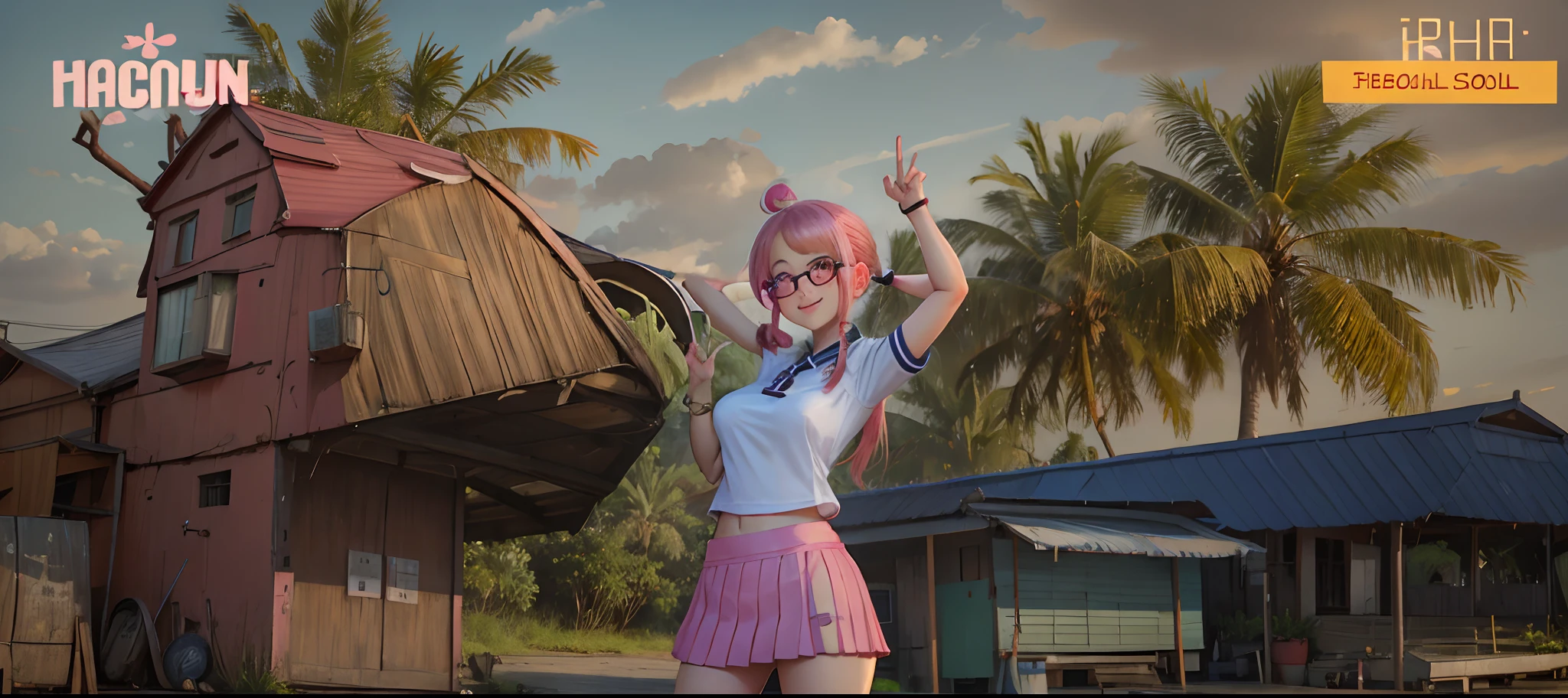 1girl, bear, coconut tree, garage, scholl uniform, pink mini skirt, glasses, twintail, lovesign