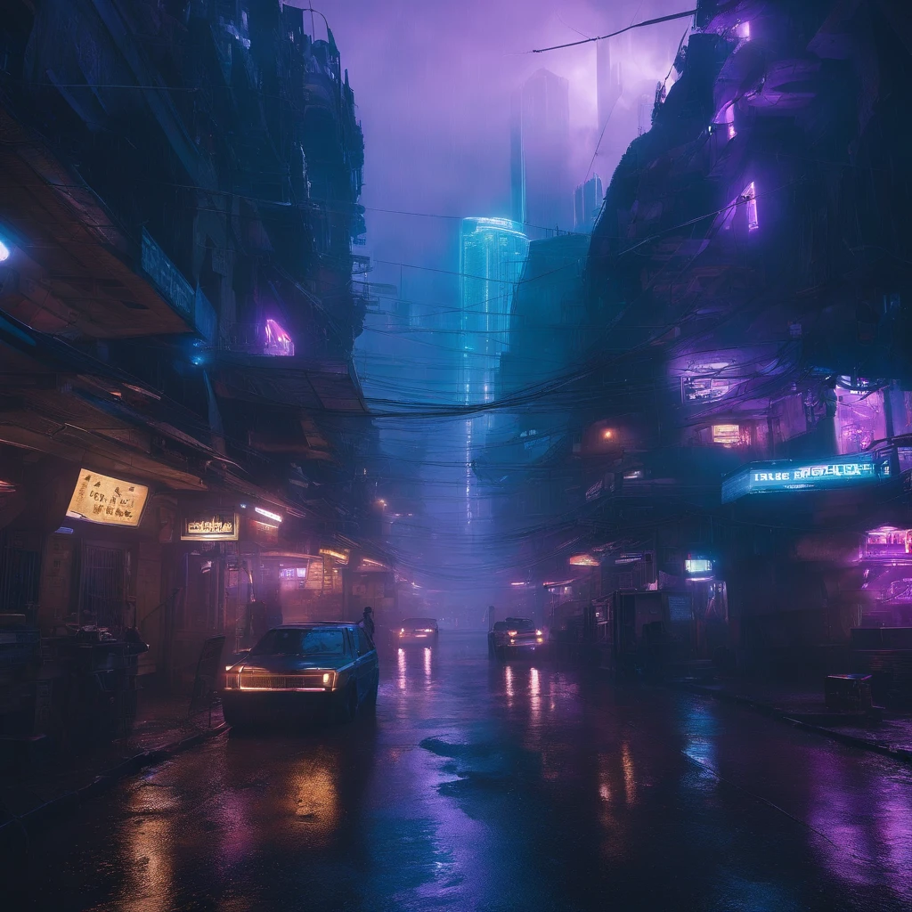 cidade cyberpunk,futuristico, apocalipse, chuva, tons de azul e roxo, mundo destruido e tecnologico, predios