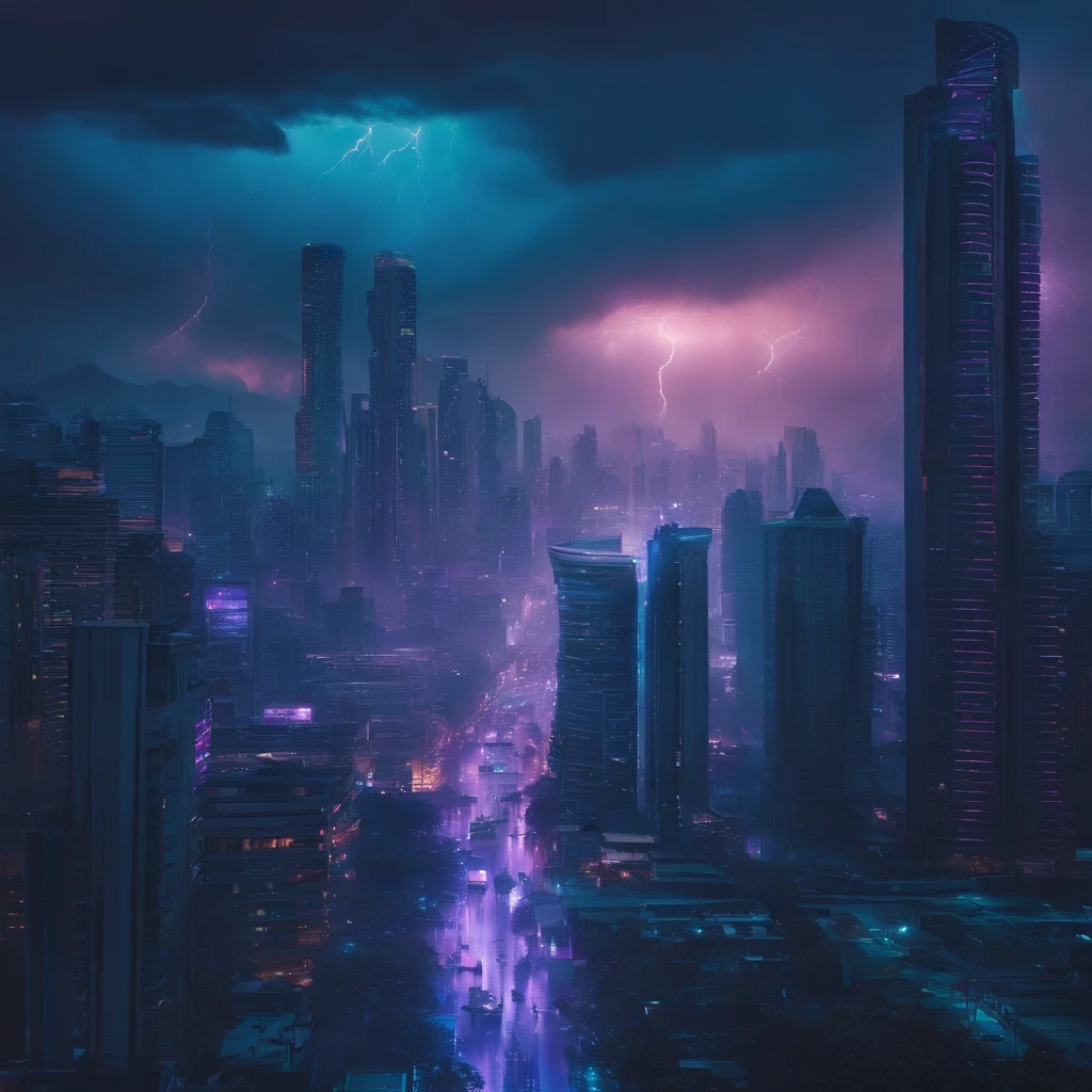 cidade cyberpunk,futuristico, apocalipse, chuva, tons de azul e roxo, mundo destruido e tecnologico, predios