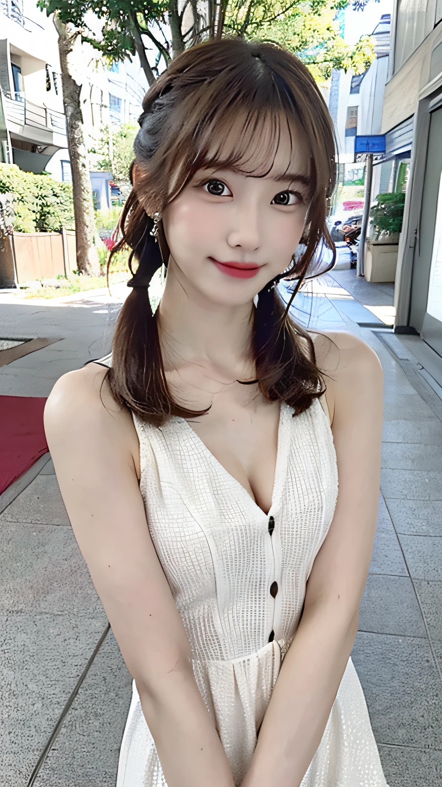 masutepiece, Best Quality, Illustration, Ultra-detailed, finely detail, hight resolution, 8K Wallpaper, Perfect dynamic composition, Beautiful detailed eyes, Women's Fashion Summer,Ponytail hair,Small breasts natural color lip, Bold sexy poses,Smile,Harajuku、20 years girl、Cute、Sexy shot looking at camera、露出胸部、露出乳房、巨大的胸部，巨大的乳房、露出胸部、露出胸部、露出乳房