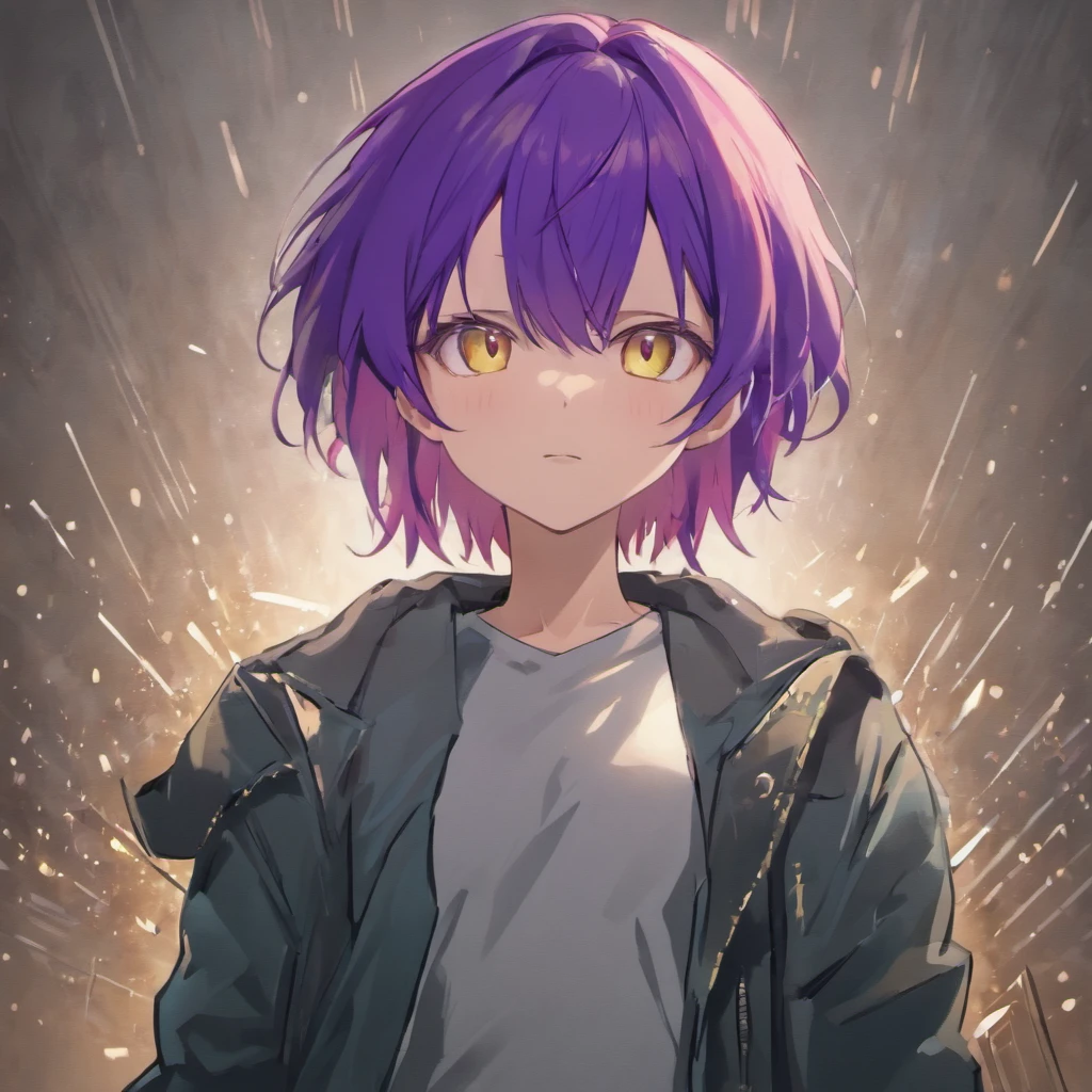 (masterpiece, best quality, sharp image, professional artwork:1.5), 1 boy, solo, Ryuuen, (looking at viewer, cowboy shot:1.3), (parted bangs, purple hair, purple colored hair:1.3), (yellow eyes, shining yellow eyes, purple eyes:1.15), [smile, closed mouth:1.3], (Ryuuen School, school uniform, black shirt, red jacket, open jacket, green pants, pectorals:1.15)