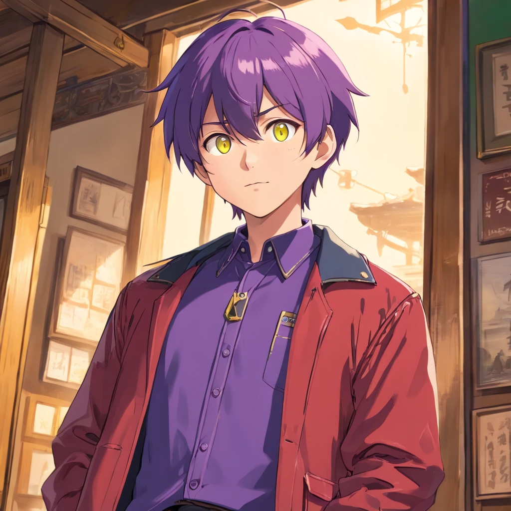 (masterpiece, best quality, sharp image, professional artwork:1.5), 1 boy, solo, Ryuuen, (looking at viewer, cowboy shot:1.3), (parted bangs, purple hair, purple colored hair:1.3), (yellow eyes, shining yellow eyes, purple eyes:1.15), [smile, closed mouth:1.3], (Ryuuen School, school uniform, black shirt, red jacket, open jacket, green pants, pectorals:1.15)
