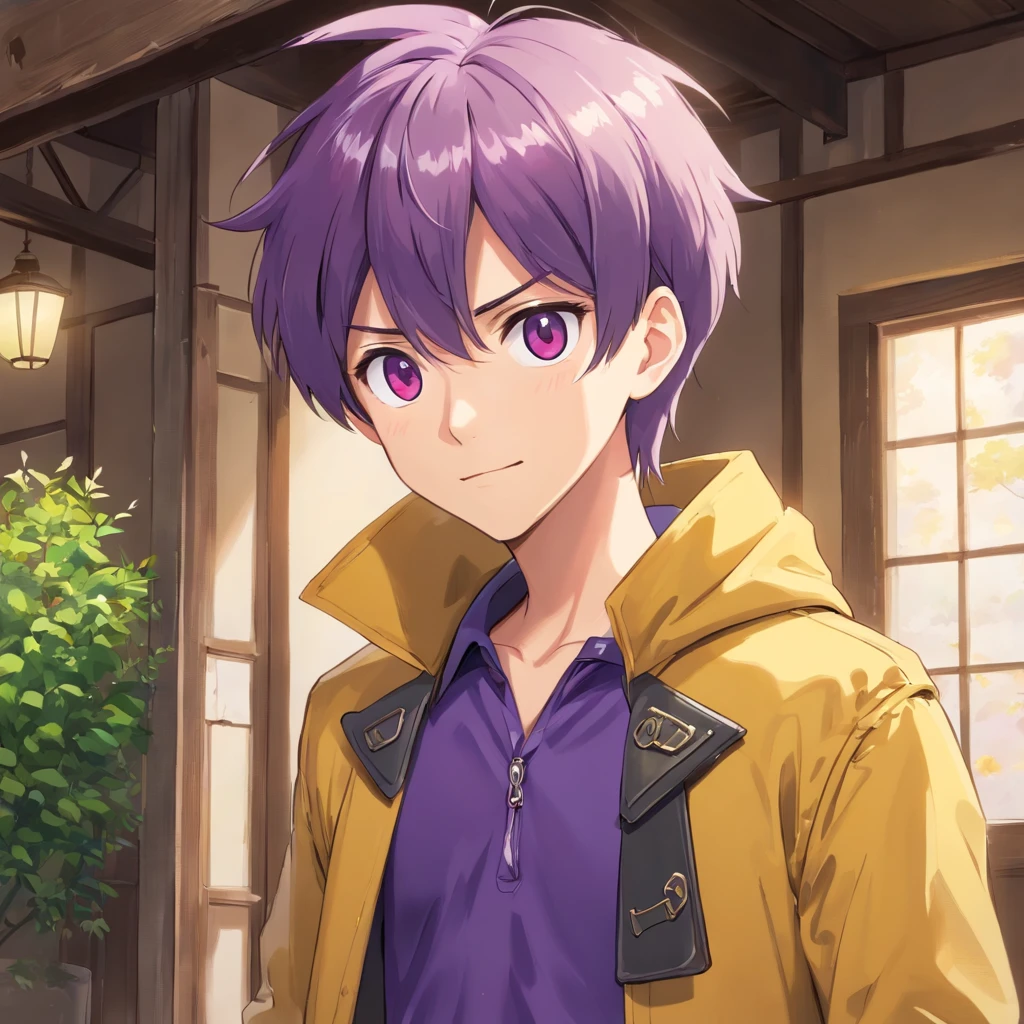 (masterpiece, best quality, sharp image, professional artwork:1.5), 1 boy, solo, Ryuuen, (looking at viewer, cowboy shot:1.3), (parted bangs, purple hair, purple colored hair:1.3), (yellow eyes, shining yellow eyes, purple eyes:1.15), [smile, closed mouth:1.3], (Ryuuen School, school uniform, black shirt, red jacket, open jacket, green pants, pectorals:1.15)