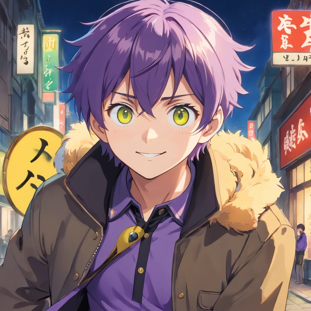 (masterpiece, best quality, sharp image, professional artwork:1.5), 1 boy, solo, Ryuuen, (looking at viewer, cowboy shot:1.3), (parted bangs, purple hair, purple colored hair:1.3), (yellow eyes, shining yellow eyes, purple eyes:1.15), [smile, closed mouth:1.3], (Ryuuen School, school uniform, black shirt, red jacket, open jacket, green pants, pectorals:1.15)