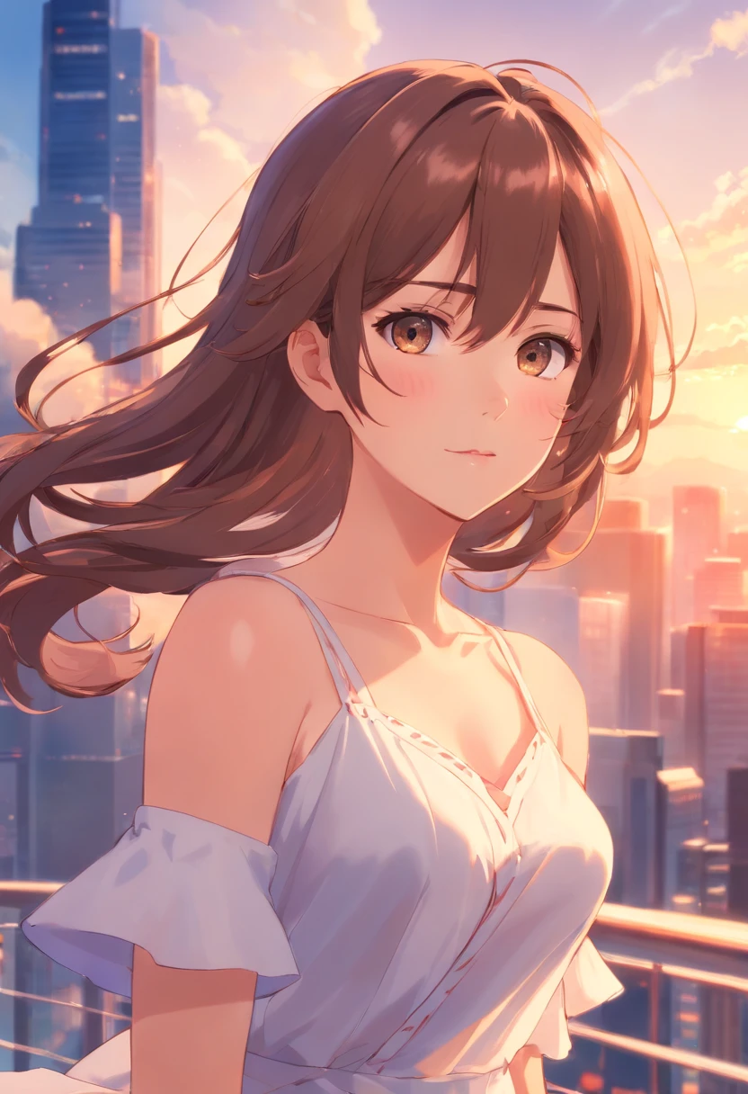 La mejor calidad, Altas Resoluciones, , 1Mujer, mujer madura, Pechos grandes, Grandes pechos, Vestido blanco, Brown hair, Pelo largo, Ojos rosados.