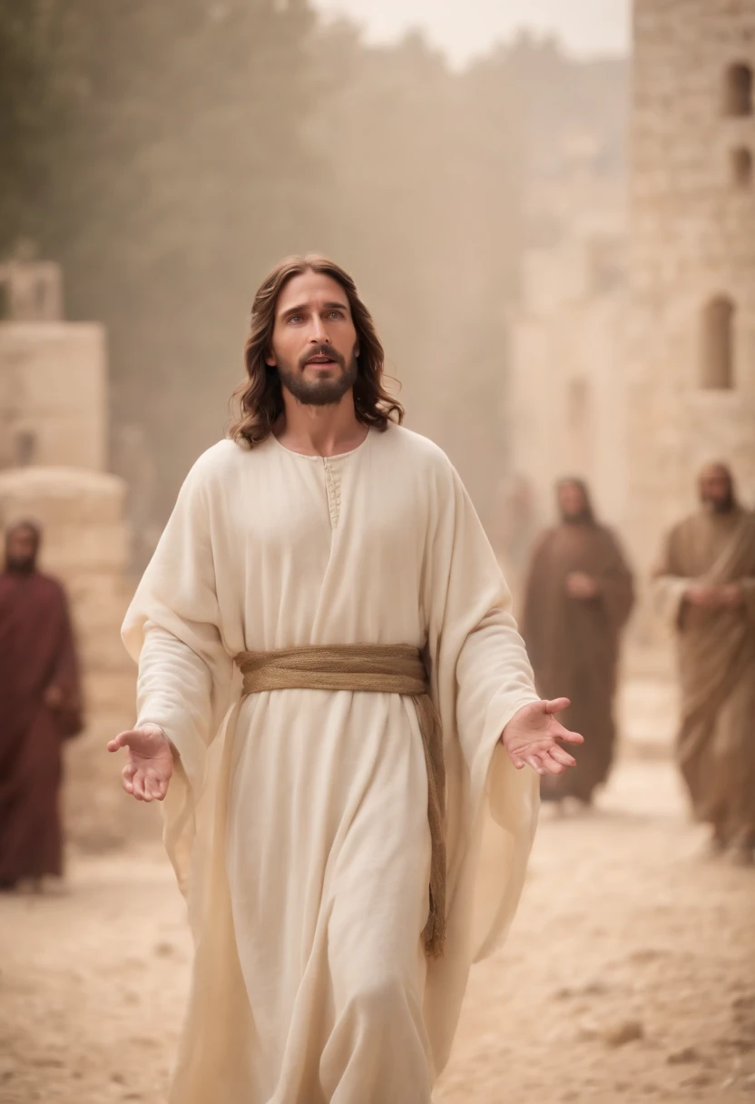Jesus Christ full body looking. Forward with a look of tenderness and compassion.preaching to a crowd of believers.Jerusalem