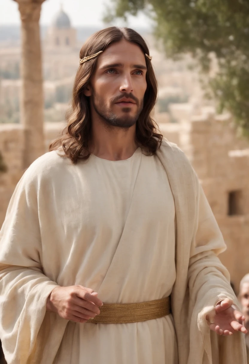 Jesus Christ full body looking. Forward with a look of tenderness and compassion.preaching to a crowd of believers.Jerusalem