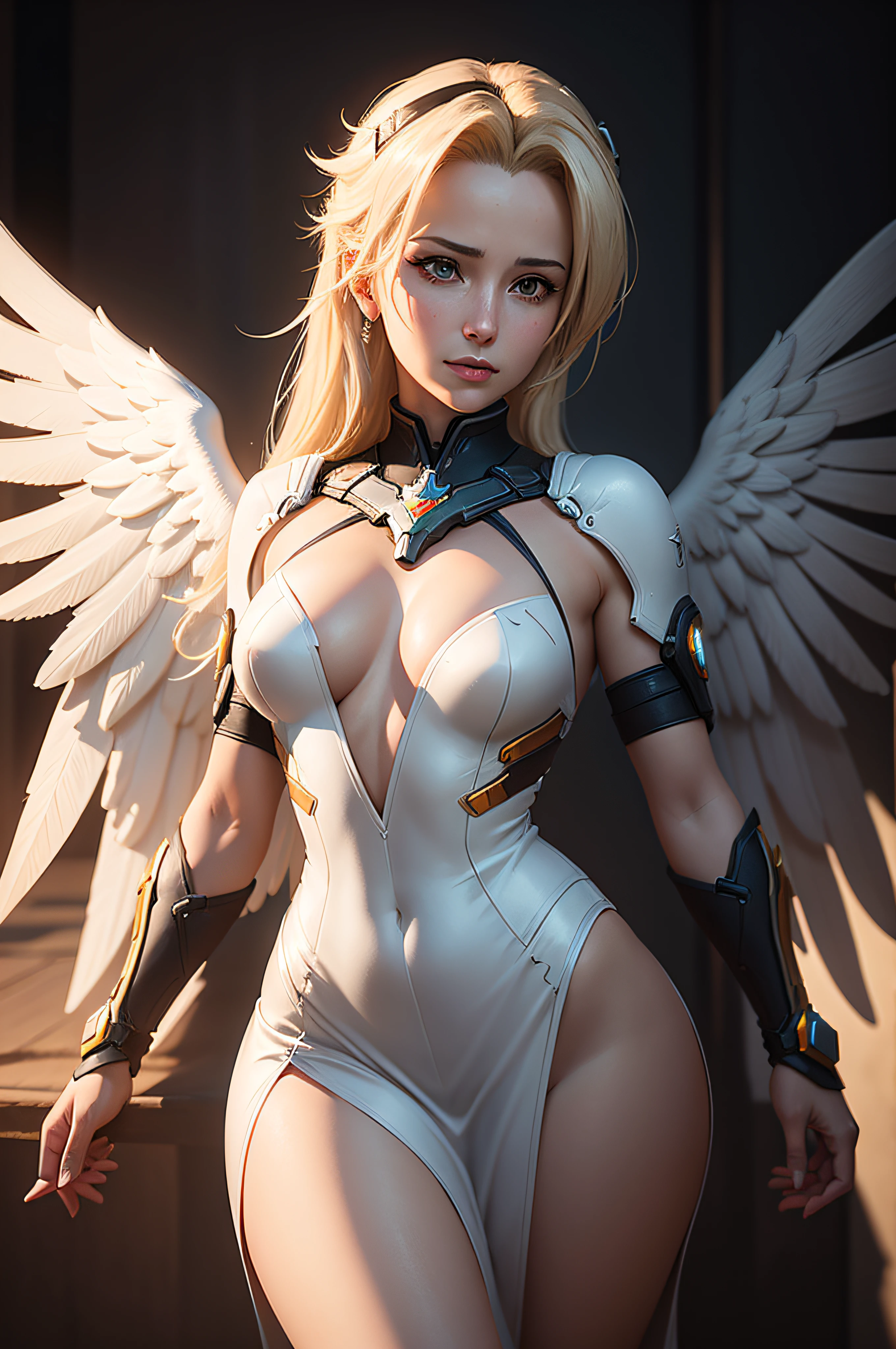 Mercy from Overwatch with angel wings, she naked, the lighting and background is bright realistic style, with high attention to detail and sharp focus. The colors are vivid and contrasted, with a slight desaturation. The lighting is dramatic, with shadows and highlights enhancing the overall composition. The medium used is a digital illustration, with a touch of photo-realistic elements to add depth and texture to the image. The final result is a masterpiece in ultra-high resolution, showcasing the intense and raw nature of Mercy's character.