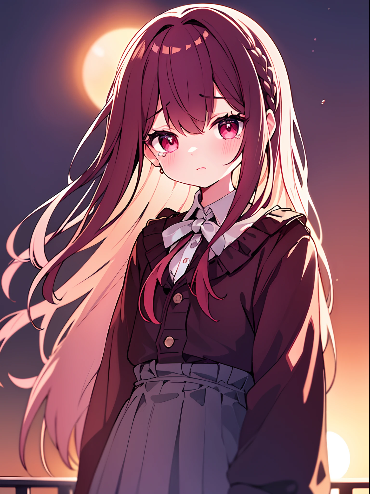 One Little Girl,Maroon braids,conservativelydressed,Big eyes and long eyelashes,Sunset Sunset,With tears in his eyes,best qualtiy,super detailing,Good atmosphere,delicated,cg render,detail render,(Delicate facial portrayal)(Fine hair depiction)(highest quality)(Master masterpieces)(High degree of completion)(a sense of atmosphere)8k wallpaper,tmasterpiece,ultra - detailed(half-body portrait)