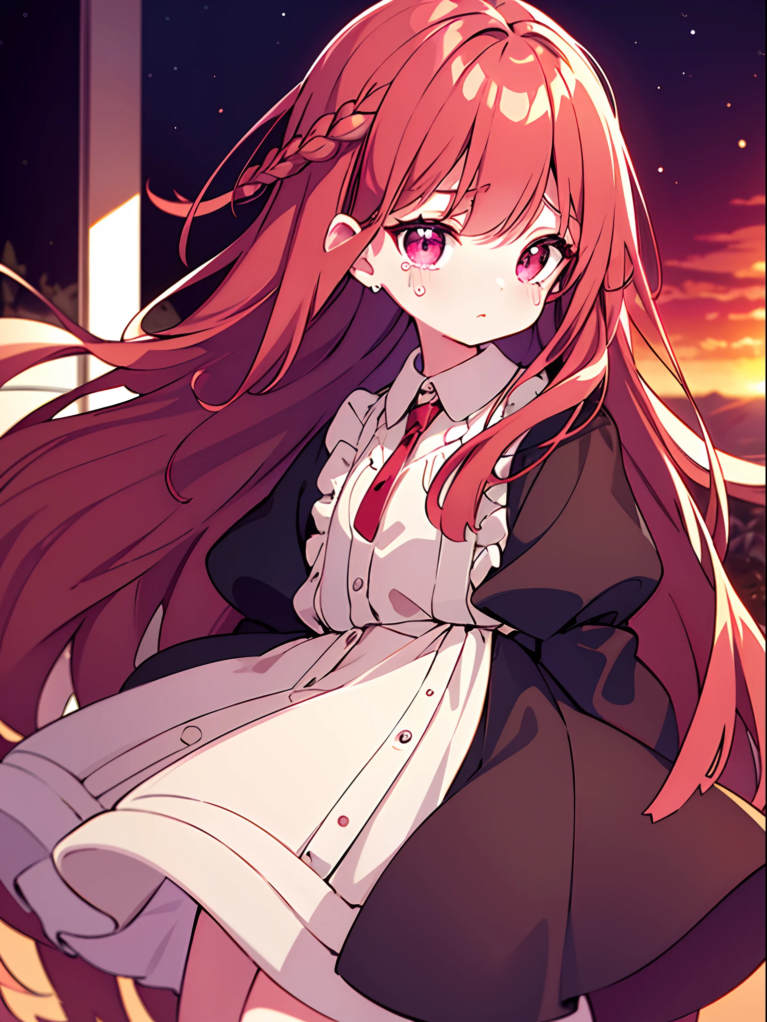 One Little Girl,Maroon braids,conservativelydressed,Big eyes and long eyelashes,Sunset Sunset,With tears in his eyes,best qualtiy,super detailing,Good atmosphere,delicated,cg render,detail render,(Delicate facial portrayal)(Fine hair depiction)(highest quality)(Master masterpieces)(High degree of completion)(a sense of atmosphere)8k wallpaper,tmasterpiece,ultra - detailed(half-body portrait)