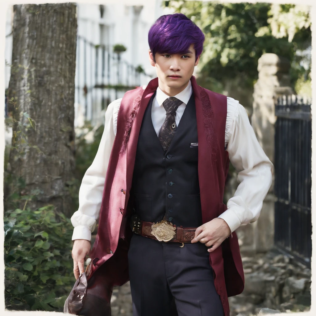 (masterpiece, best quality, sharp image, professional artwork:1.5), 1 boy, solo, Ryuuen, (looking at viewer, cowboy shot:1.3), (parted bangs, purple hair, purple colored hair:1.3), (yellow eyes, shining yellow eyes, purple eyes:1.15), [smile, closed mouth:1.3], (Ryuuen School, school uniform, black shirt, red jacket, open jacket, green pants, pectorals:1.15)