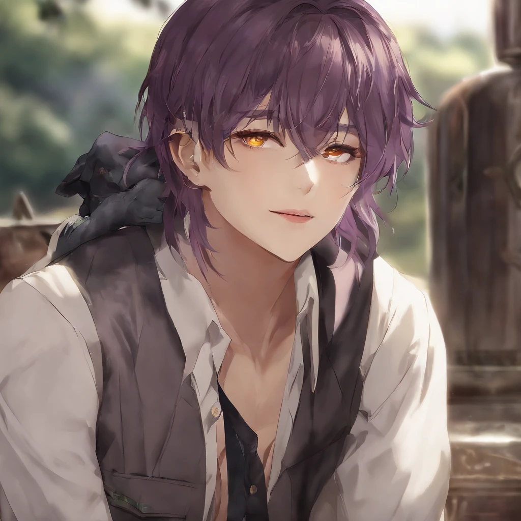 (masterpiece, best quality, sharp image, professional artwork:1.5), 1 boy, solo, Ryuuen, (looking at viewer, cowboy shot:1.3), (parted bangs, purple hair, purple colored hair:1.3), (yellow eyes, shining yellow eyes, purple eyes:1.15), [smile, closed mouth:1.3], (Ryuuen School, school uniform, black shirt, red jacket, open jacket, green pants, pectorals:1.15)