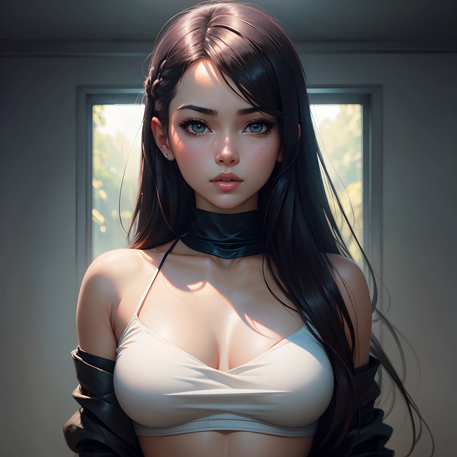 Seductive, see through clothes, erect nipples, medium breasts