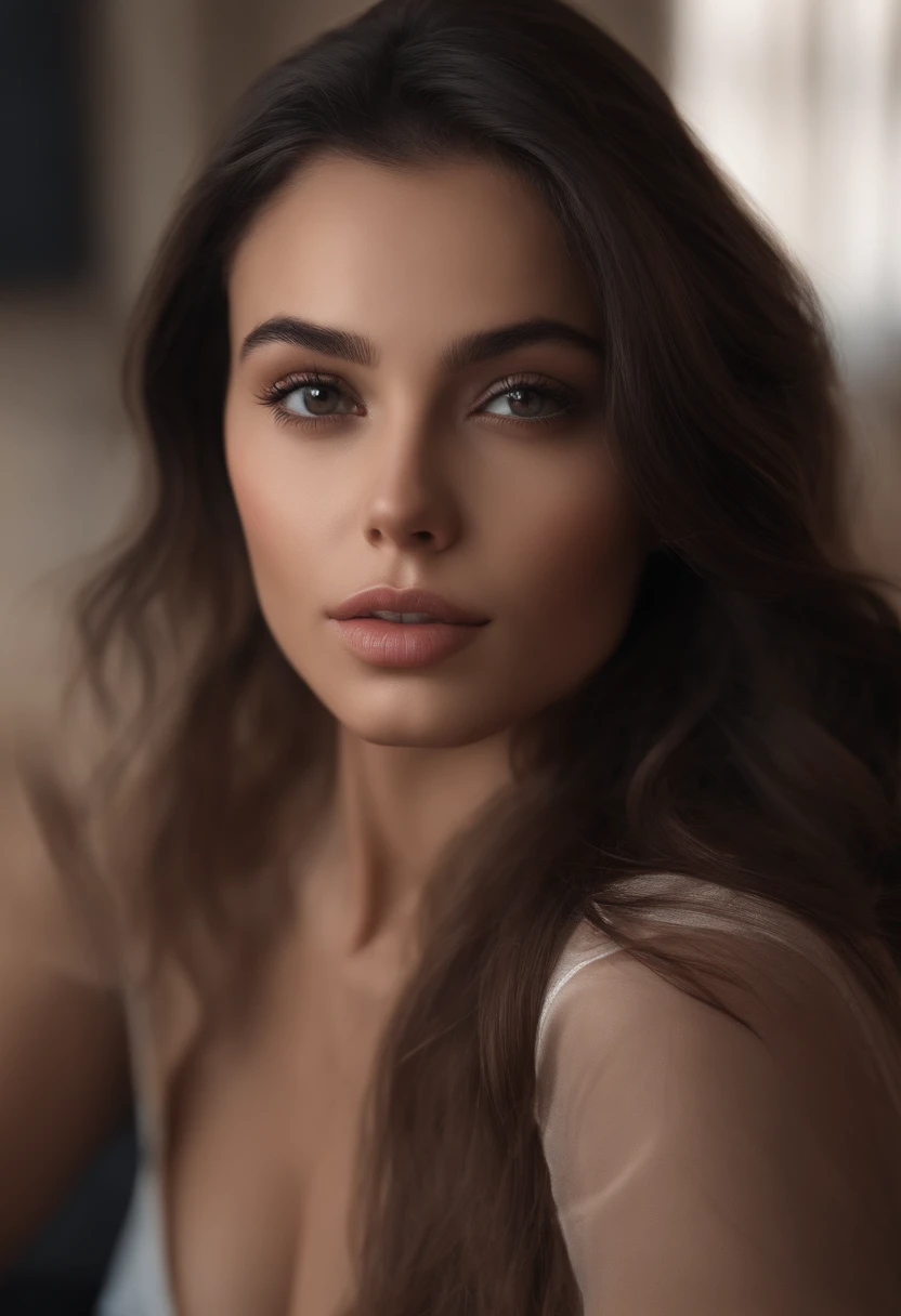 arafed woman fully , hispanic, sexy girl with brown eyes, ultra realistic, meticulously detailed, portrait sophie mudd, brunette hair and large eyes, selfie of a young woman, bedroom eyes, violet myers, without makeup, natural makeup, looking directly at the camera, face with artgram, subtle makeup, medium to large size bust, angelina gomez's face, sexy