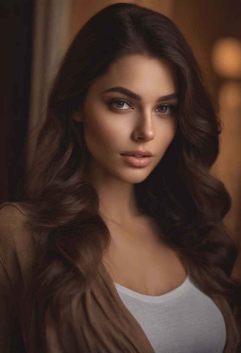 arafed woman fully , hispanic, sexy girl with brown eyes, ultra realistic, meticulously detailed, portrait sophie mudd, brunette hair and large eyes, selfie of a young woman, bedroom eyes, violet myers, without makeup, natural makeup, looking directly at the camera, face with artgram, subtle makeup, medium to large size bust, angelina gomez's face, sexy