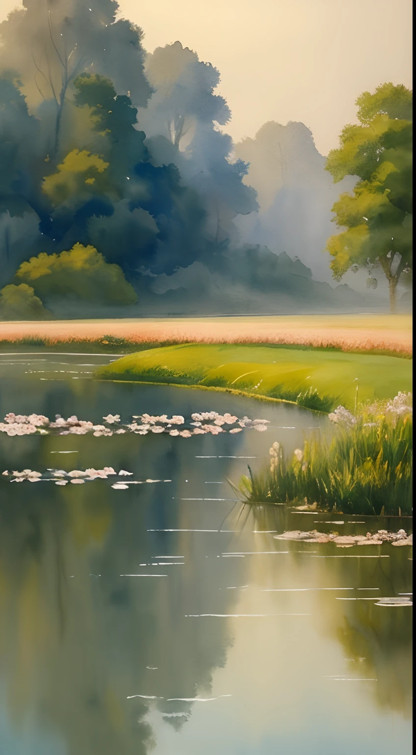 (Watercolor in Sargent style)、(top-quality、​masterpiece)、Soft light、Bourton-on-the-Water painted on a foggy morning、riverscape、、Create an ethereal scene in a calm morning misty meadow。Draw delicate and blurry brushwork、Capture the elusive nature of fog、Enhance the serene atmosphere of the countryside、place々flower bloom、