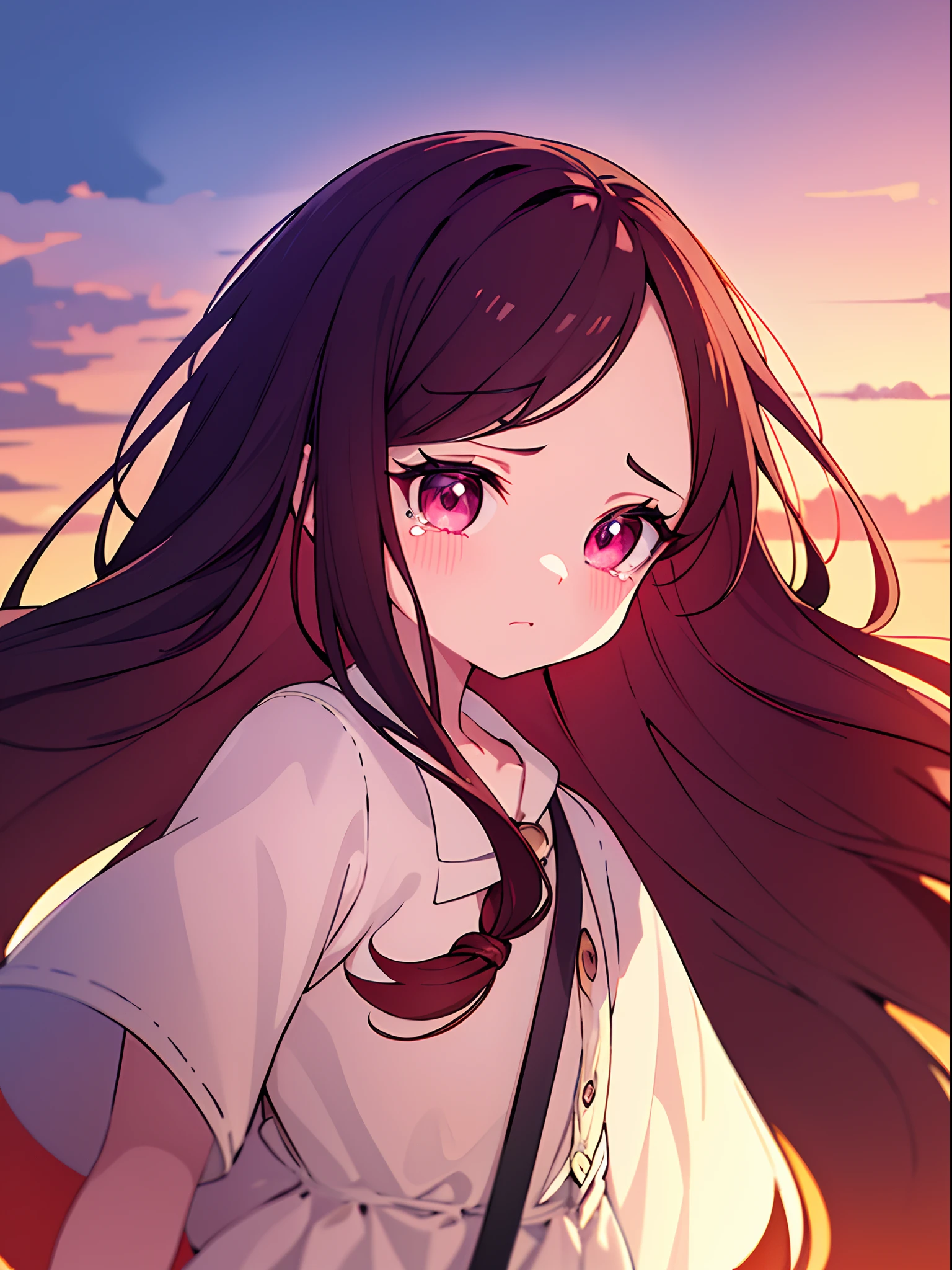 One Little Girl,Maroon braids,conservativelydressed,Big eyes and long eyelashes,Sunset Sunset,With tears in his eyes,best qualtiy,super detailing,Good atmosphere,delicated,cg render,detail render,(Delicate facial portrayal)(Fine hair depiction)(highest quality)(Master masterpieces)(High degree of completion)(a sense of atmosphere)8k wallpaper,tmasterpiece,ultra - detailed(half-body portrait)