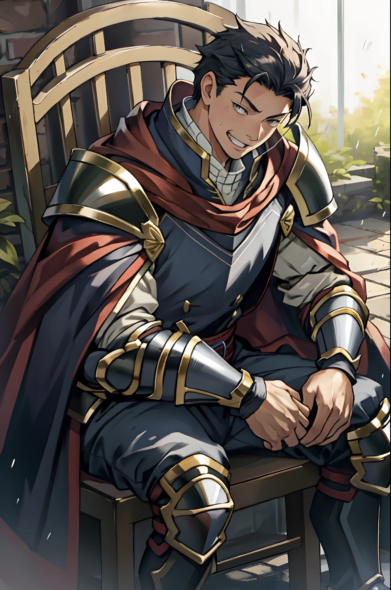 Hector Fey， 独奏， looking at viewert， Teasing laughter， Open your mouth，drools，perspire，Drenched，Get wet，mitts， 1 man， Male focus， sit astride（sit on chair），Cloak， Armour， Shoulder armor， look from down