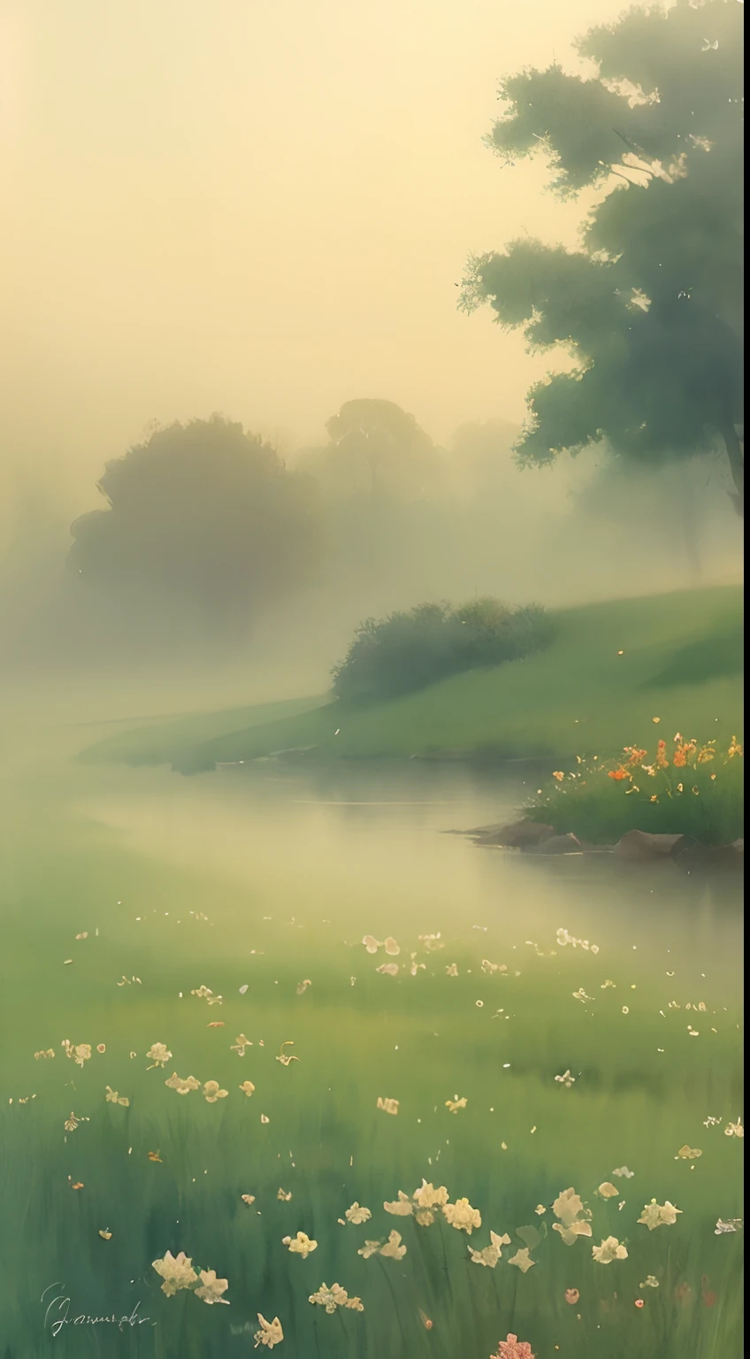 (Watercolor in Sargent style)、(top-quality、masterpiece)、Soft light、Bourton-on-the-Water painted on a foggy morning、riverscape、、Create an ethereal scene in a calm morning misty meadow。Draw delicate and blurry brushwork、Capture the elusive nature of fog、Enhance the serene atmosphere of the countryside、place々flower bloom、