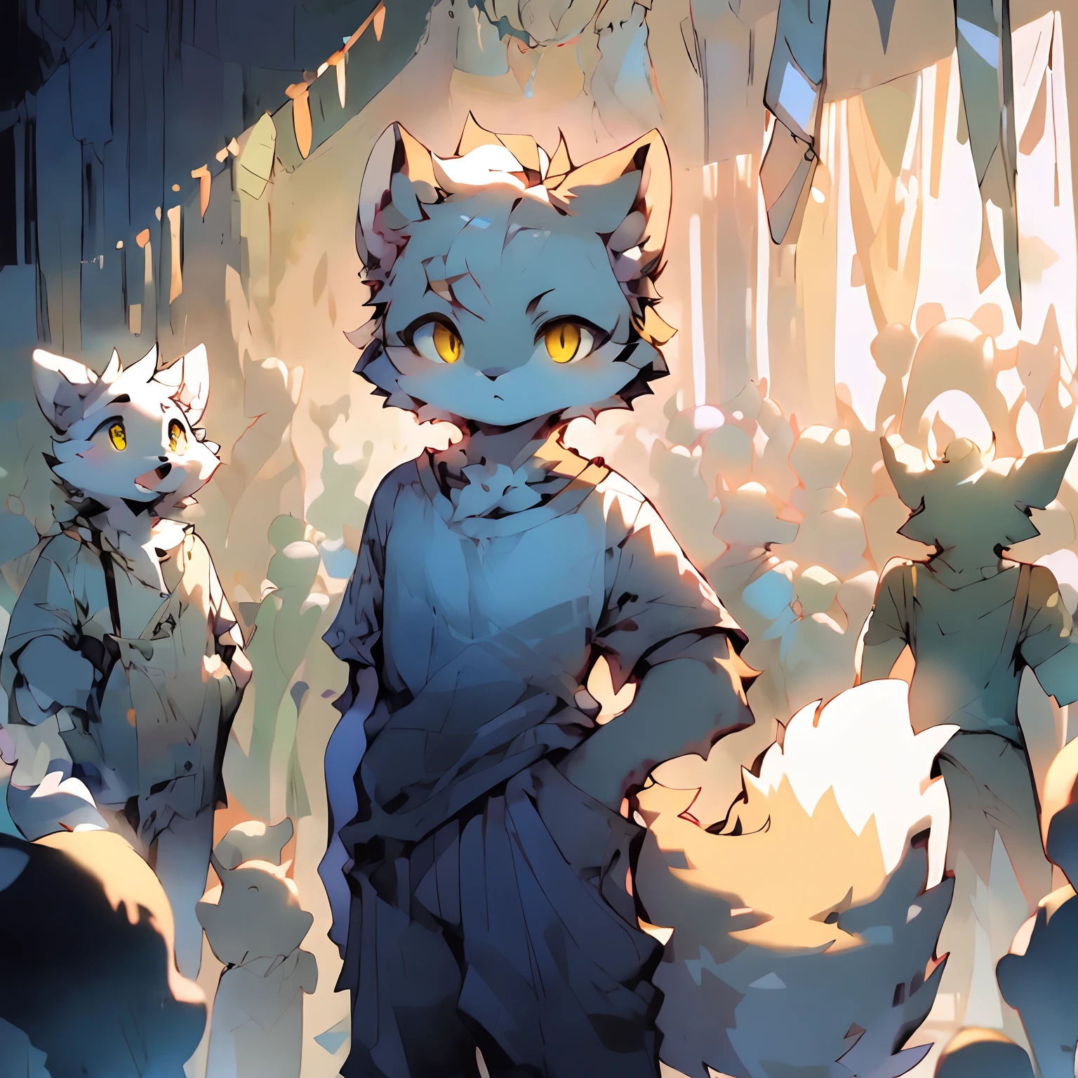 Black and white fur,Gold eyes,(Fluffy tail:1.2),Casual T-shirt,shorter pants,Thick ,Play in the room