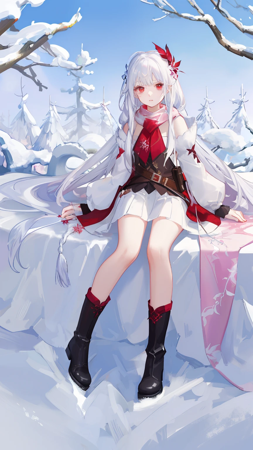 Anime game Arcane Garden's of the Great White Empire - Crazy fairy, snow white skin, long hair with straight locks, ash hair, pink empty eyes, white feather wings folded down, long white and ash scarf, white and ash dress with a short skirt, scarlet patterns of tree branches from the Ash Garden in the background, dark scarlet patterns of snowflakes on the dress, long burgundy socks, dark scarlet boots