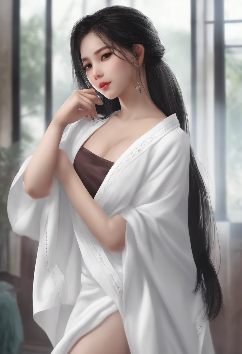 white backgrounid,girls,Wear a bath towel,black ponytail,slippers,Bigchest,standing on your feet,extreme hight detail,Personality,Side Body