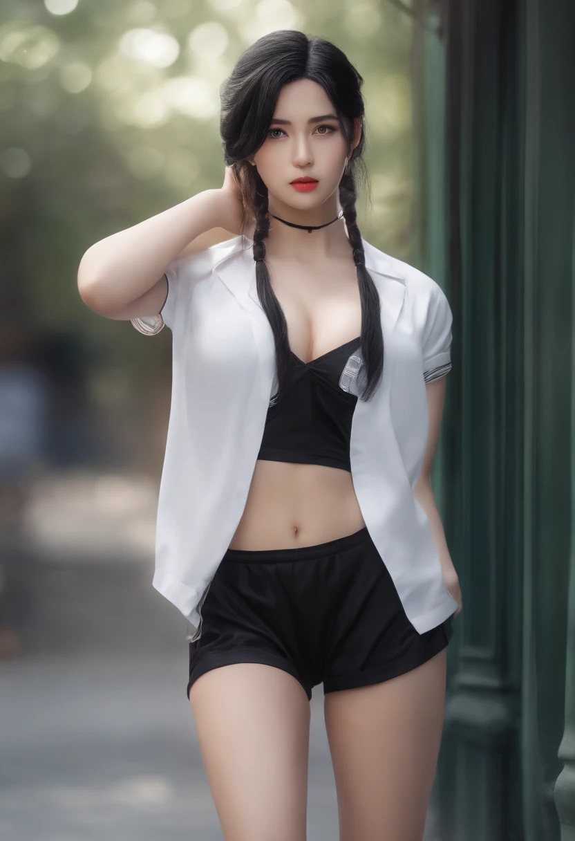 white backgrounid,schoolgirls,Wear a bath towel,black ponytail,slippers,Bigchest,standing on your feet,extreme hight detail,Personality,Side Body